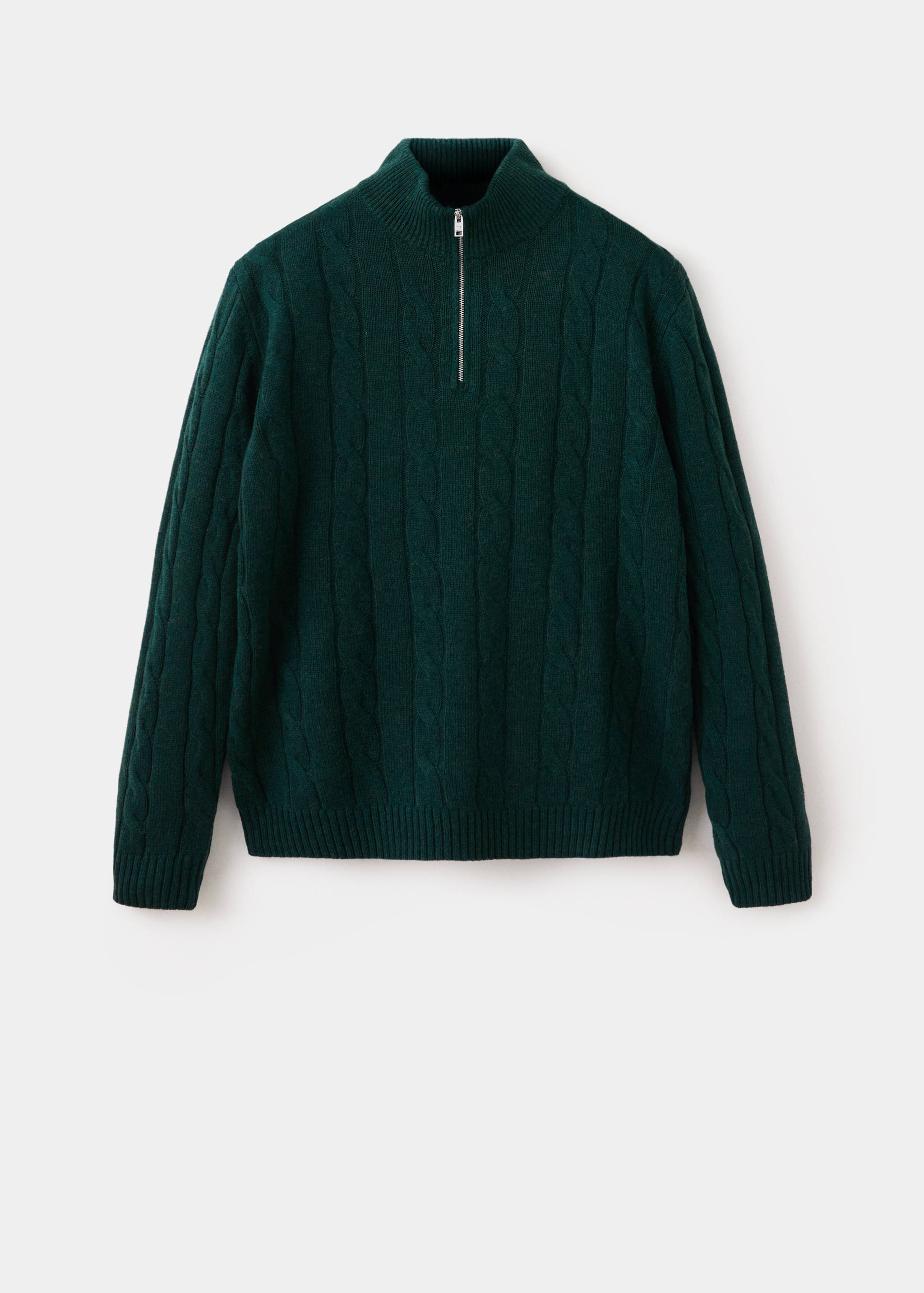 Dark green men's cable-knit jersey sweater with a half-zip high neck.