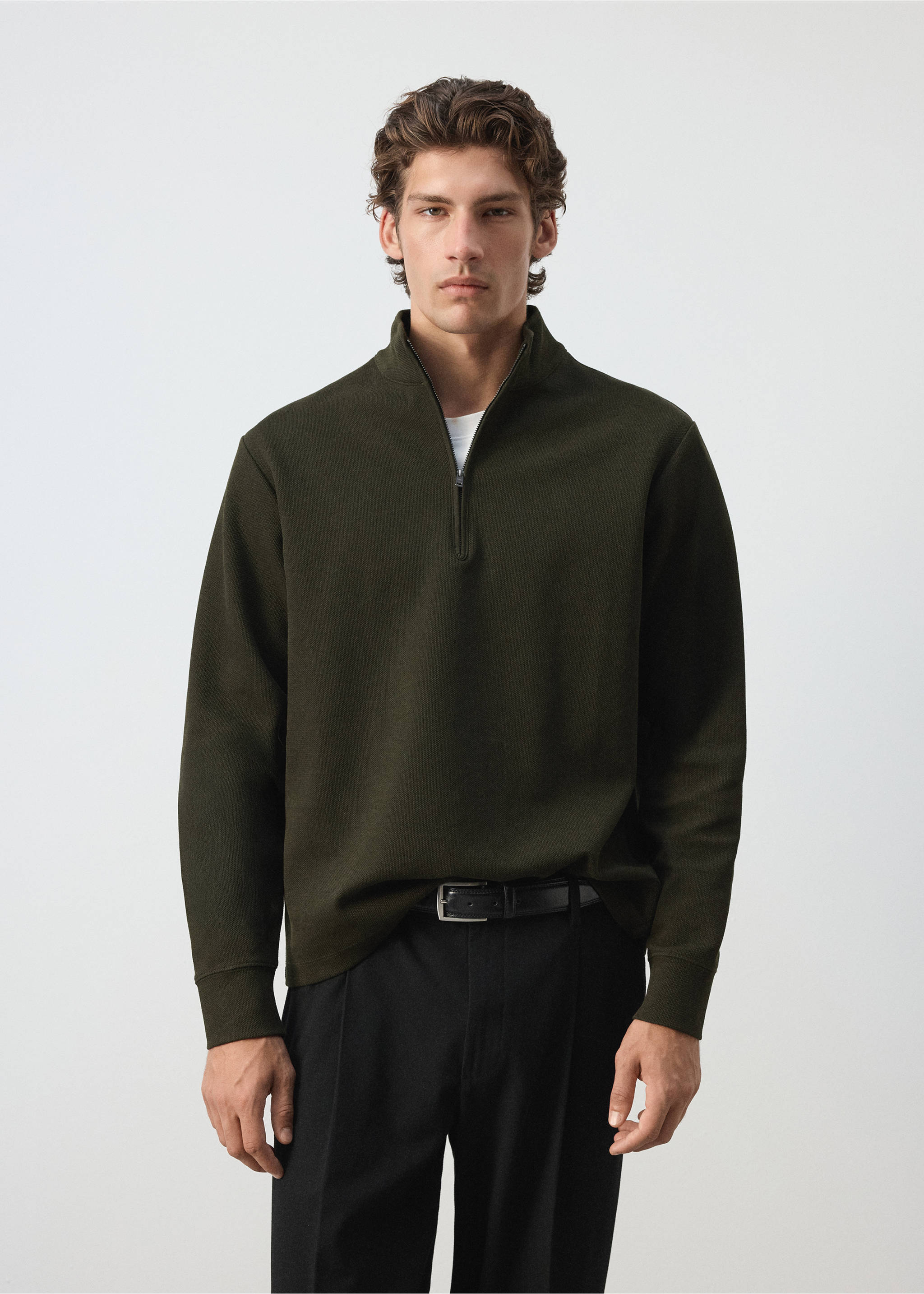 Dark olive green half-zip sweatshirt with a high neck., Dark Green. Ref: 37007922-00.