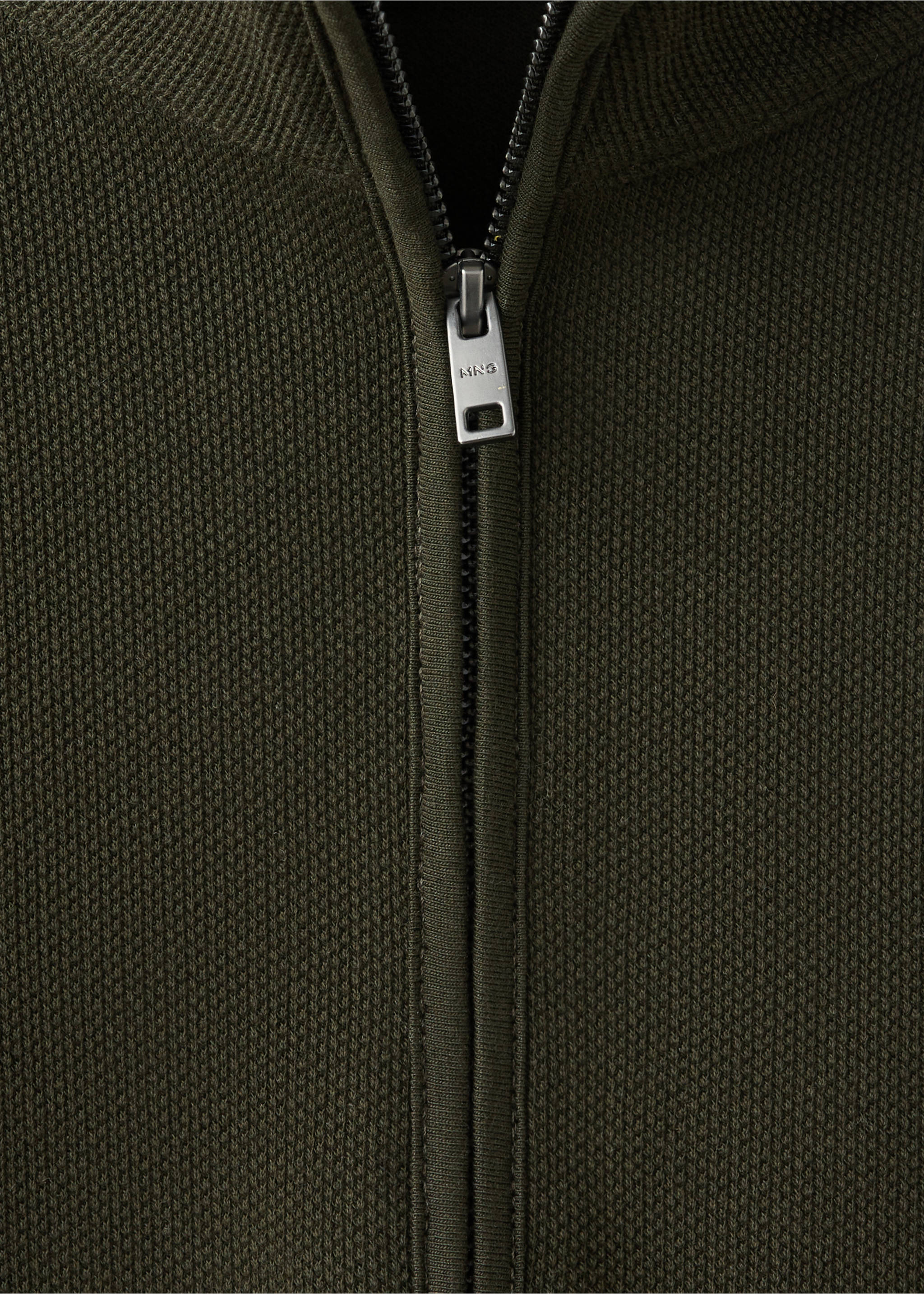 Close-up of the zip detail on an olive green knitted sweatshirt., Dark Green. Ref: 37007922-00.