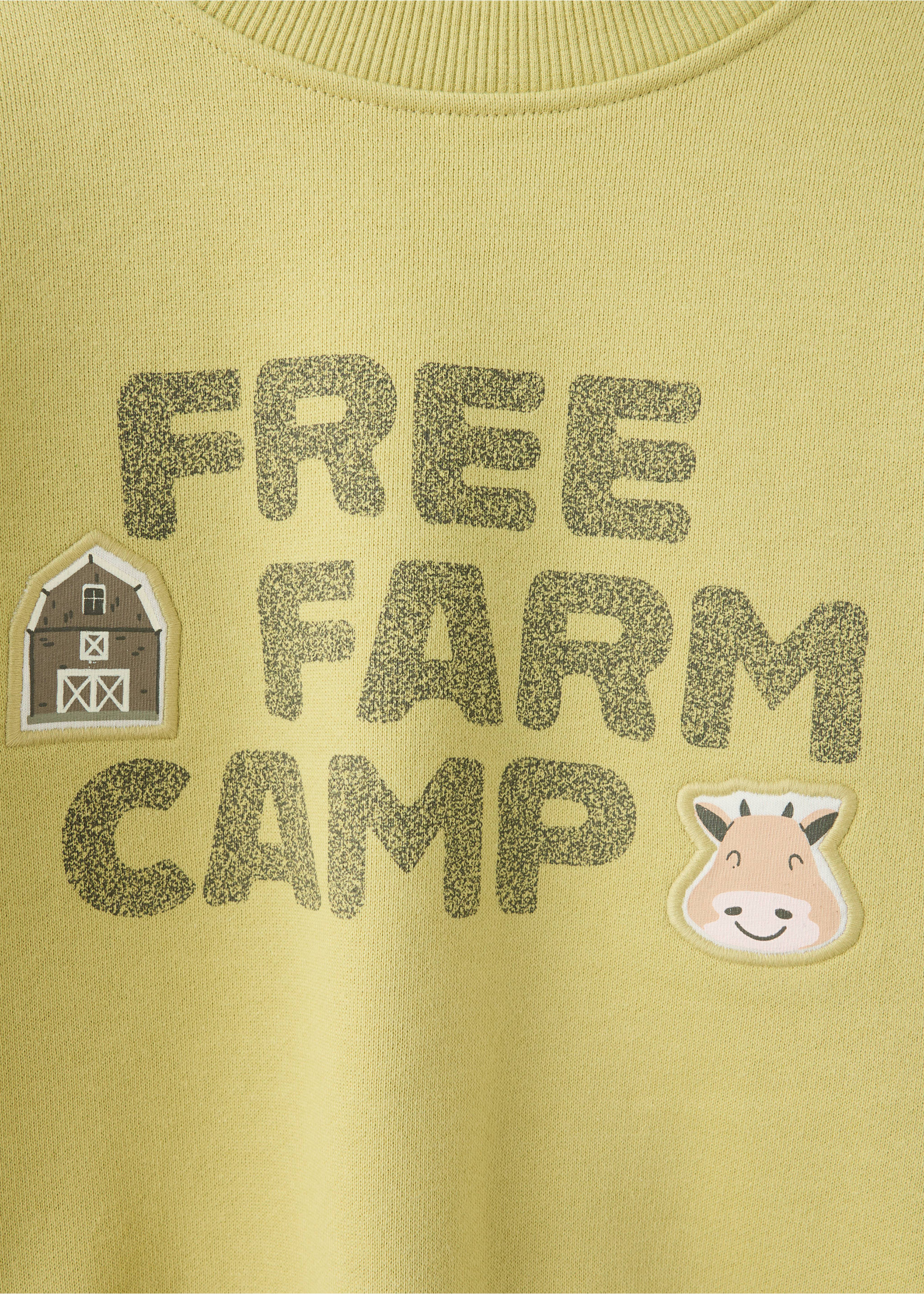 Close-up of a pale yellow-green kids sweatshirt with a farm-themed graphic and patches., Green Apple. Ref: 37007924-00.