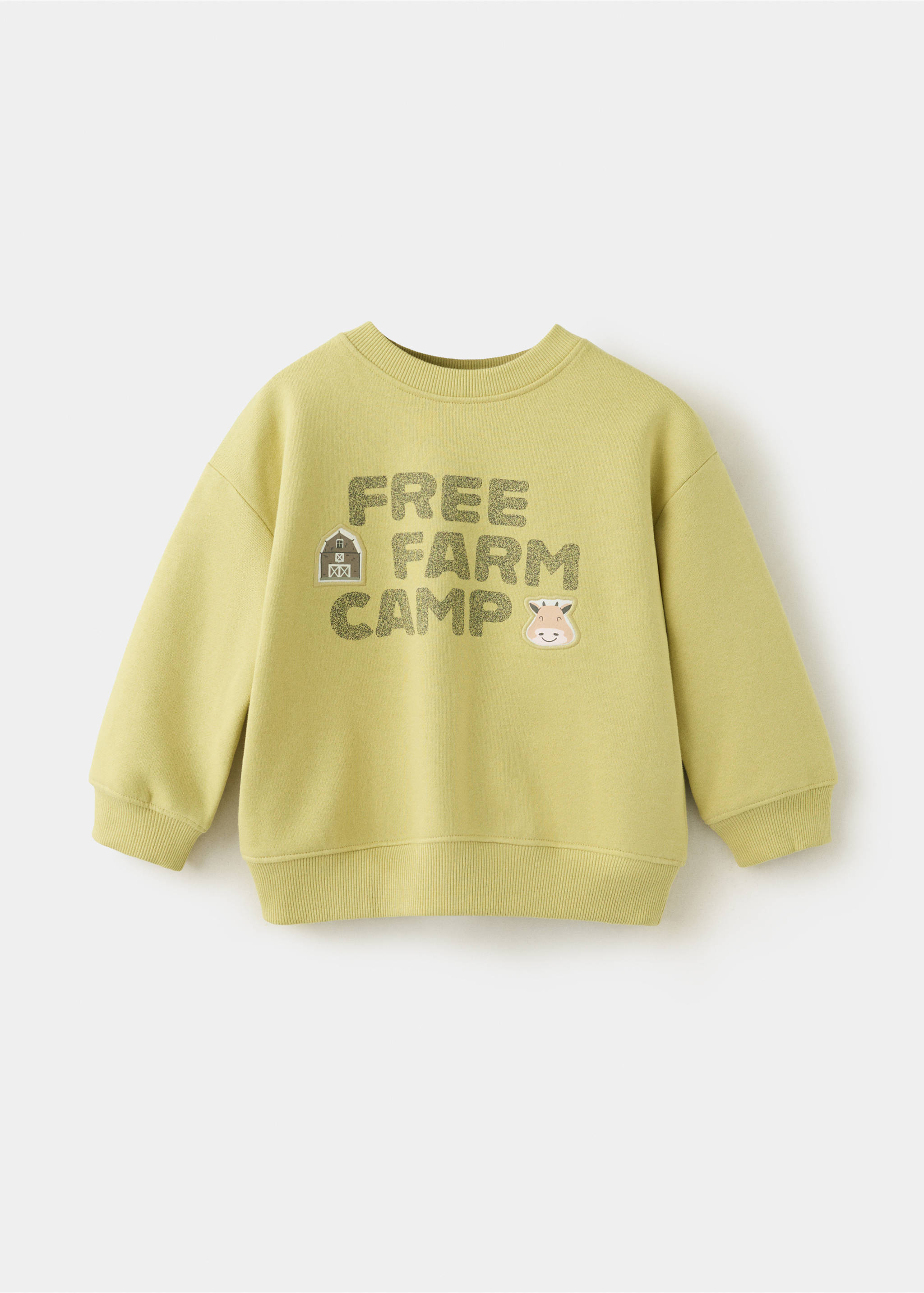 Pale green children's sweatshirt featuring a glittery text and farm graphic., Green Apple. Ref: 37007924-00.