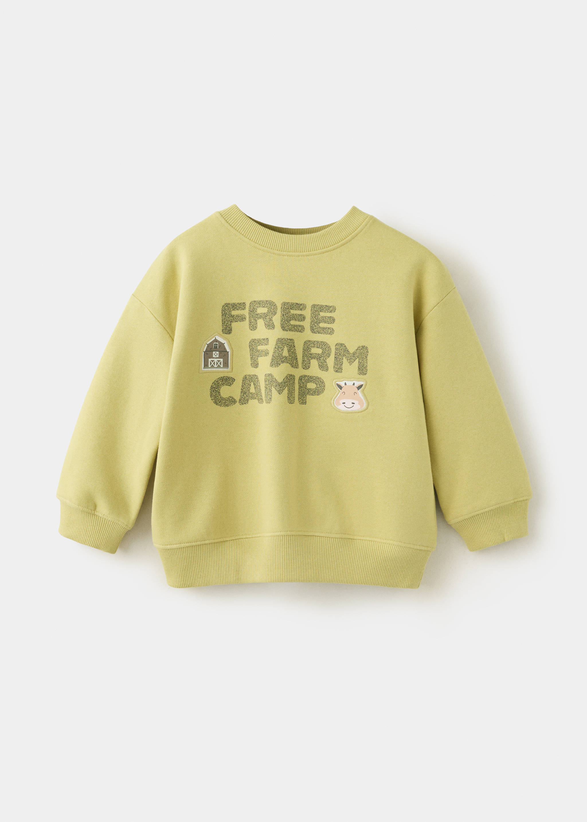 Pale green children's sweatshirt featuring a glittery text and farm graphic.