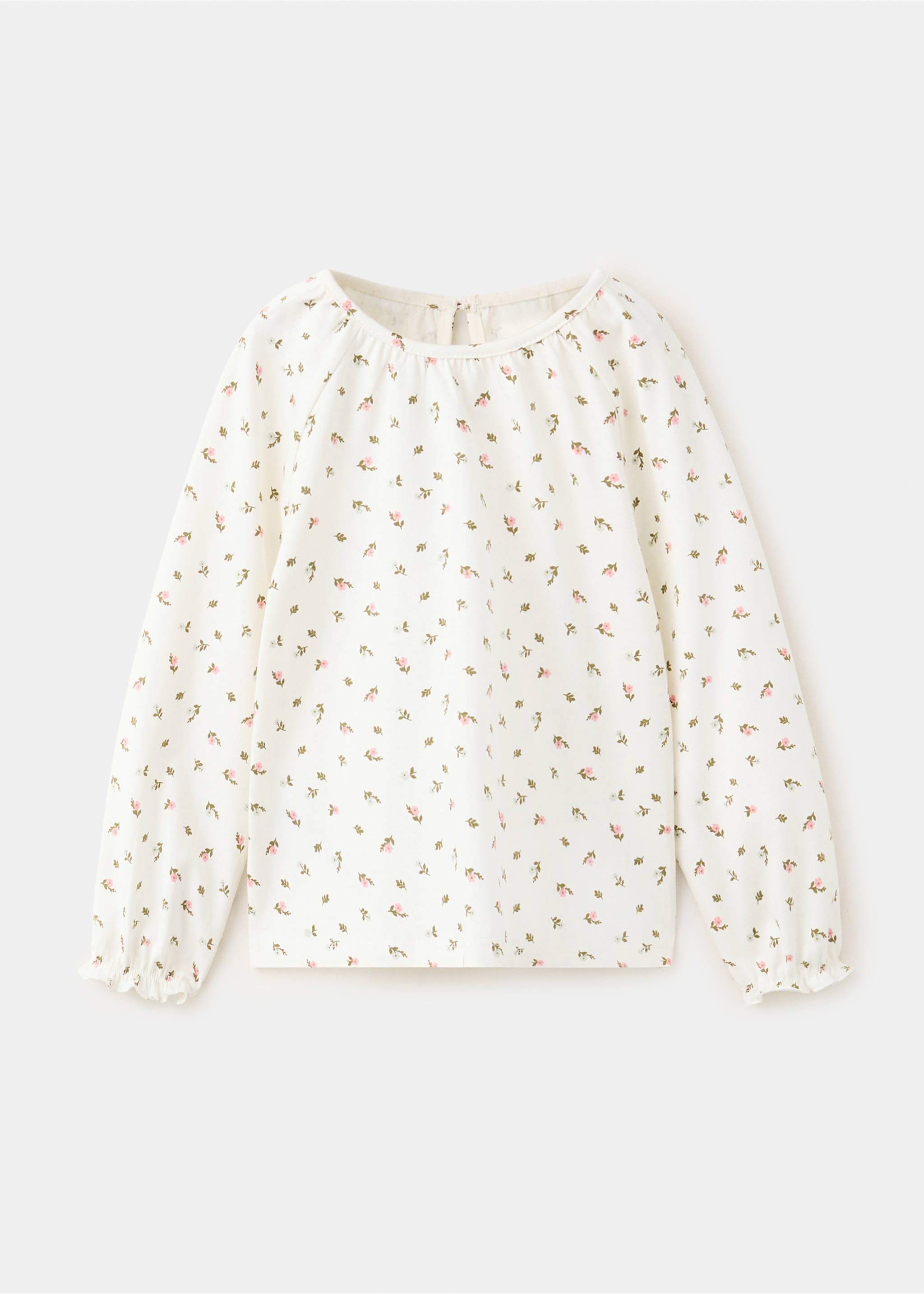 Off-white floral t-shirt with long sleeves, ruffled cuffs, and a gathered round neckline., Sand. Ref: 37007925-00.