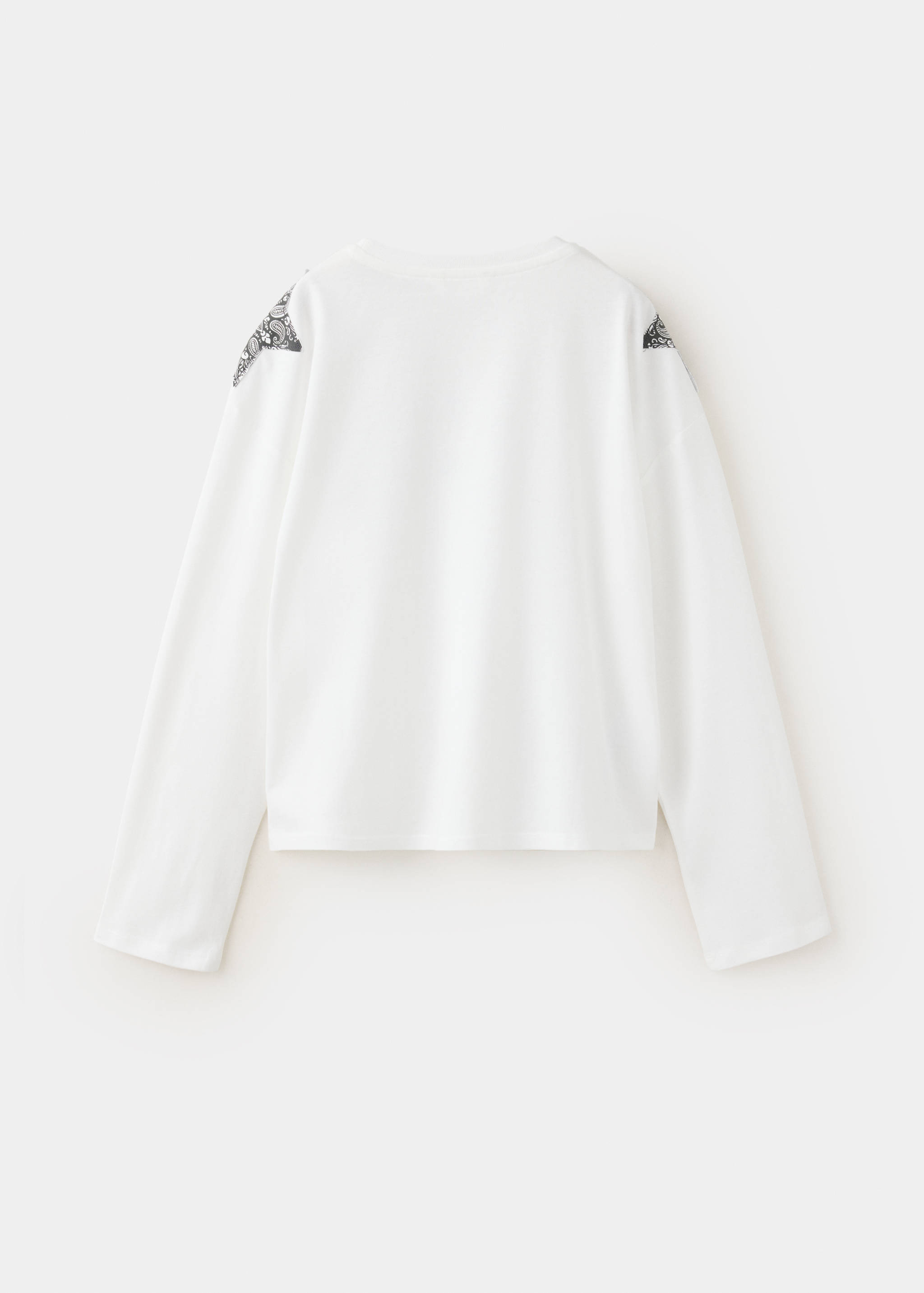 White long-sleeve t-shirt with back view showing patterned shoulder details