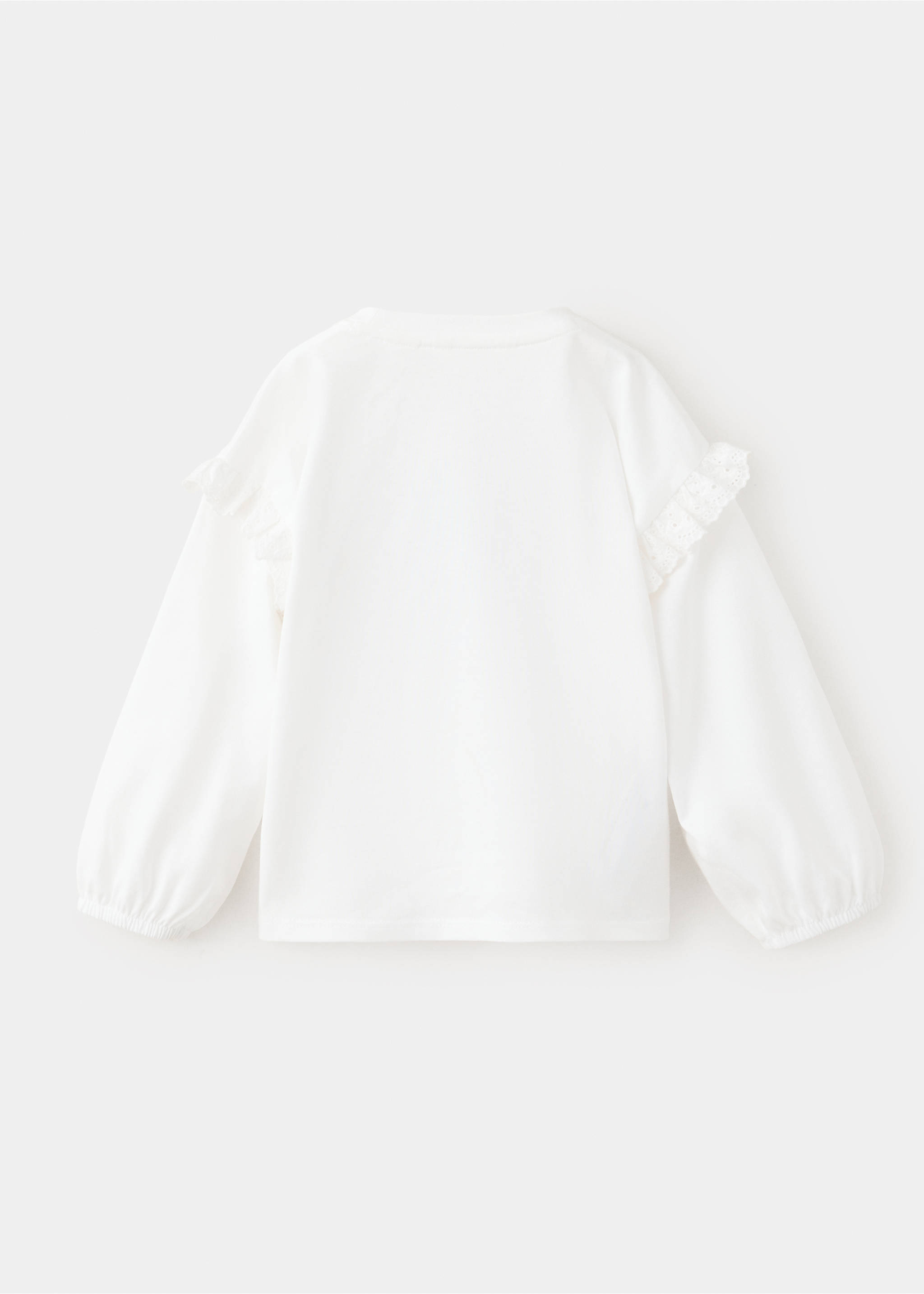 White kids long-sleeve t-shirt with shoulder lace ruffles, back view., Off White. Ref: 37007929-00.