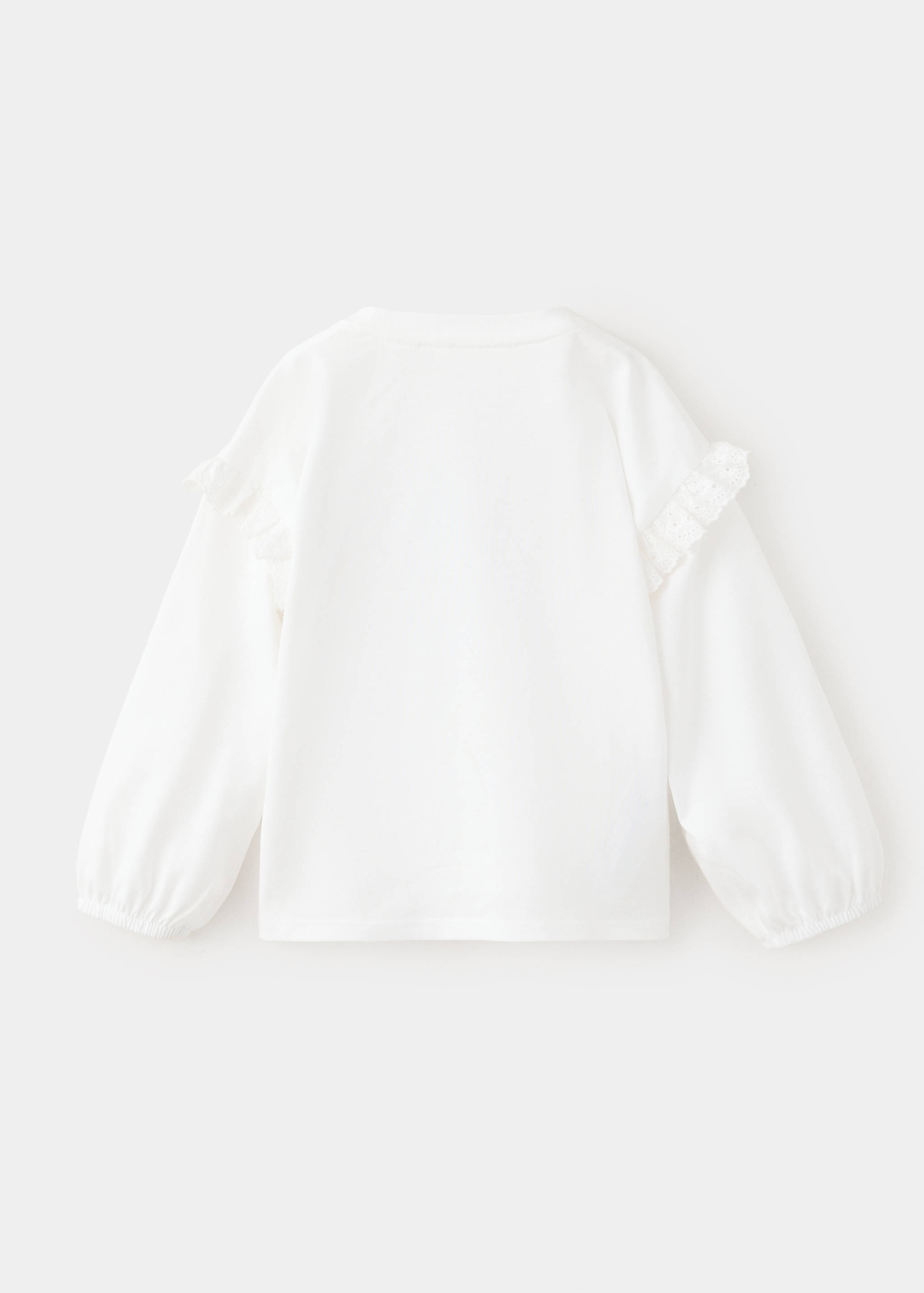 White kids long-sleeve t-shirt with shoulder lace ruffles, back view.