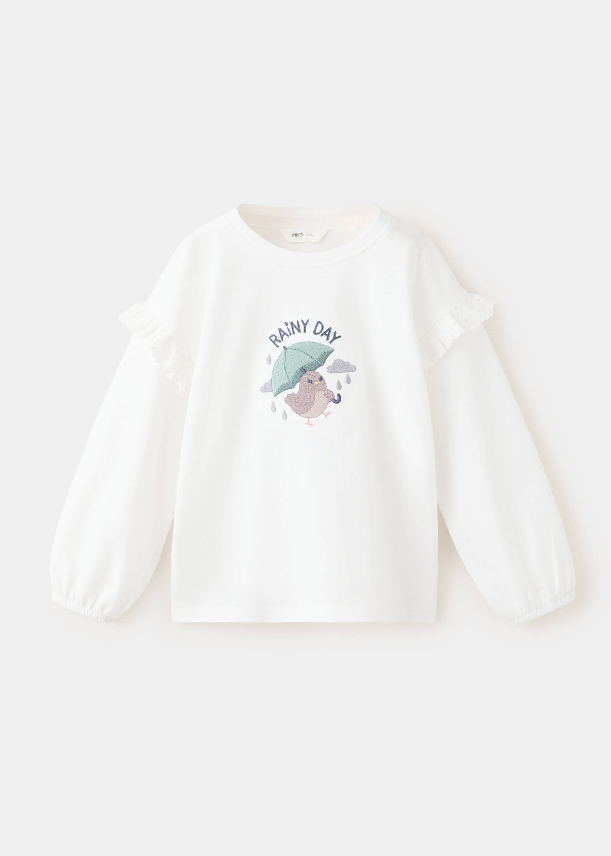 White long-sleeve kids t-shirt with ruffles and rainy day bird embroidery., Off White. Ref: 37007929-00.