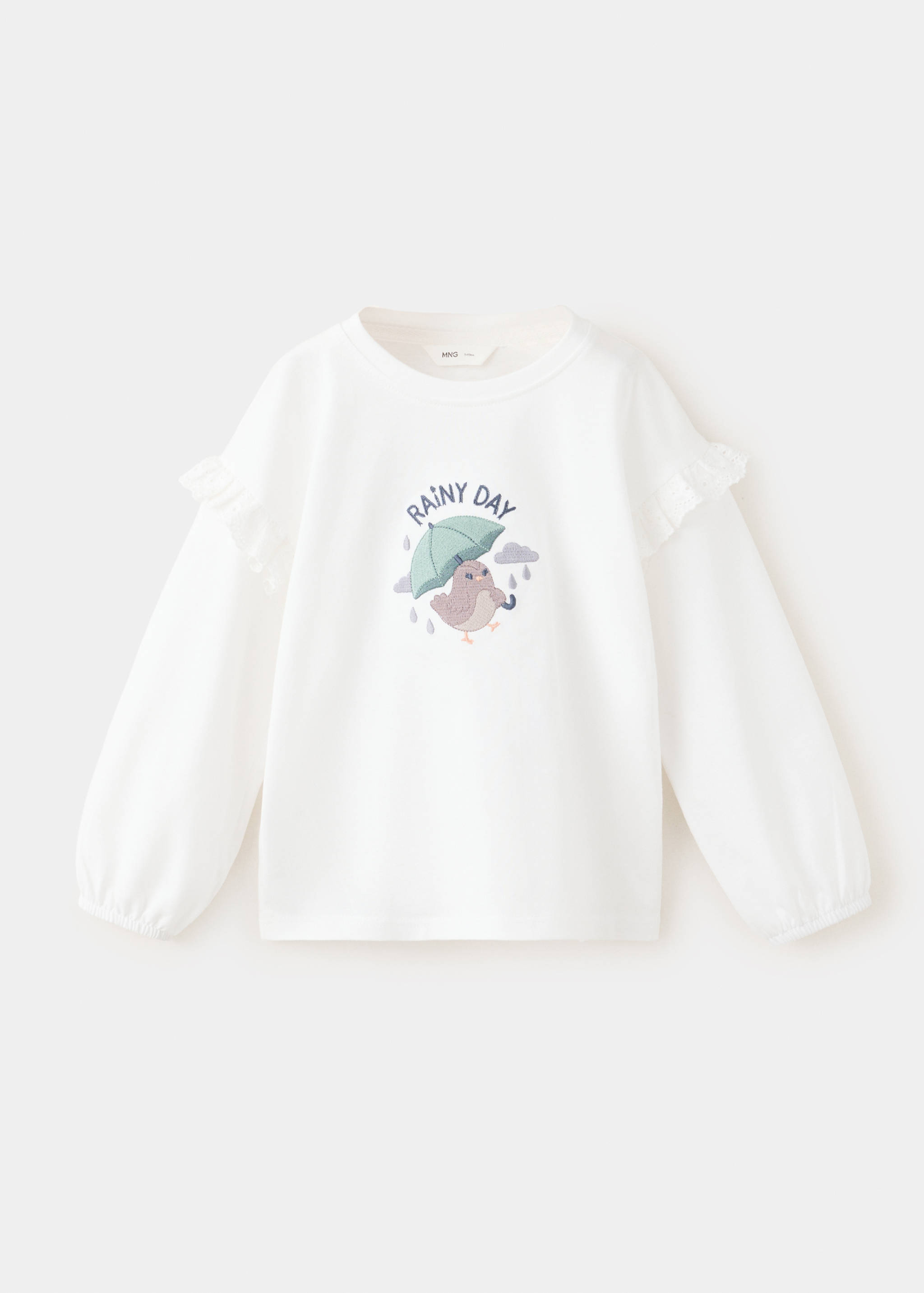 White long-sleeve kids t-shirt with ruffles and rainy day bird embroidery.