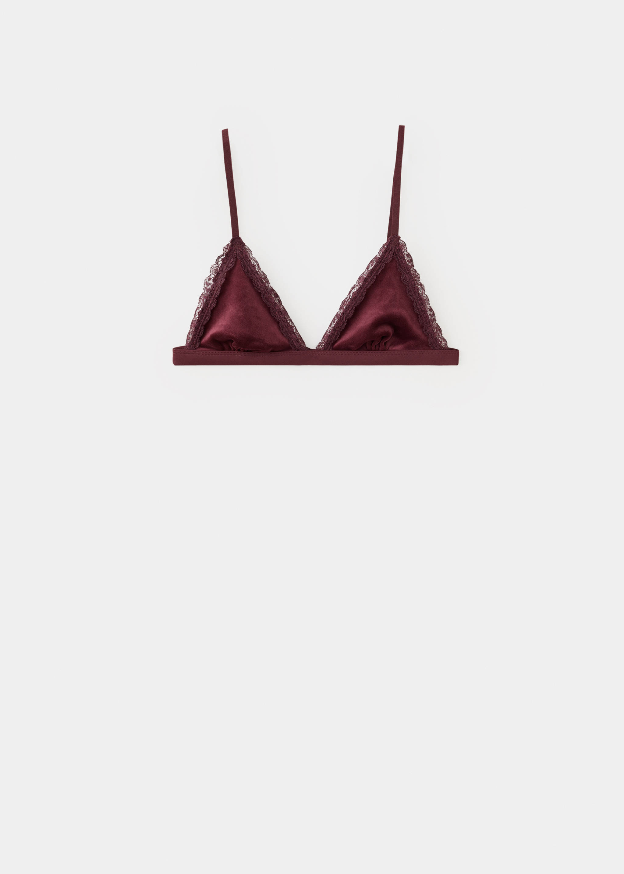 Sujetador bralette burdeos con copas triangulares y delicado ribete de encaje.