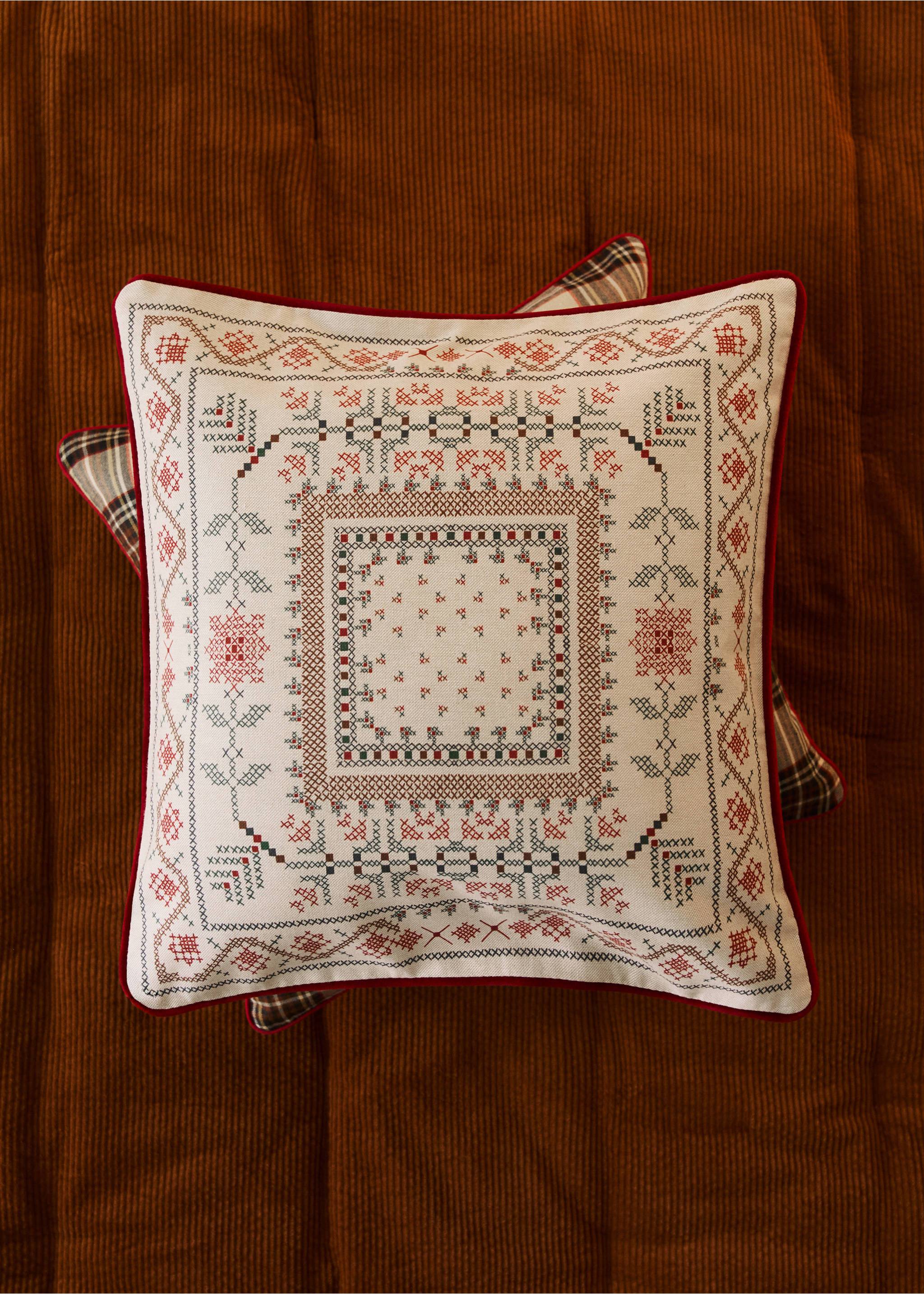 Off-white square cushion cover with red, green and brown cross-stitch embroidery and red piping., Red. Ref: 37007936-00.