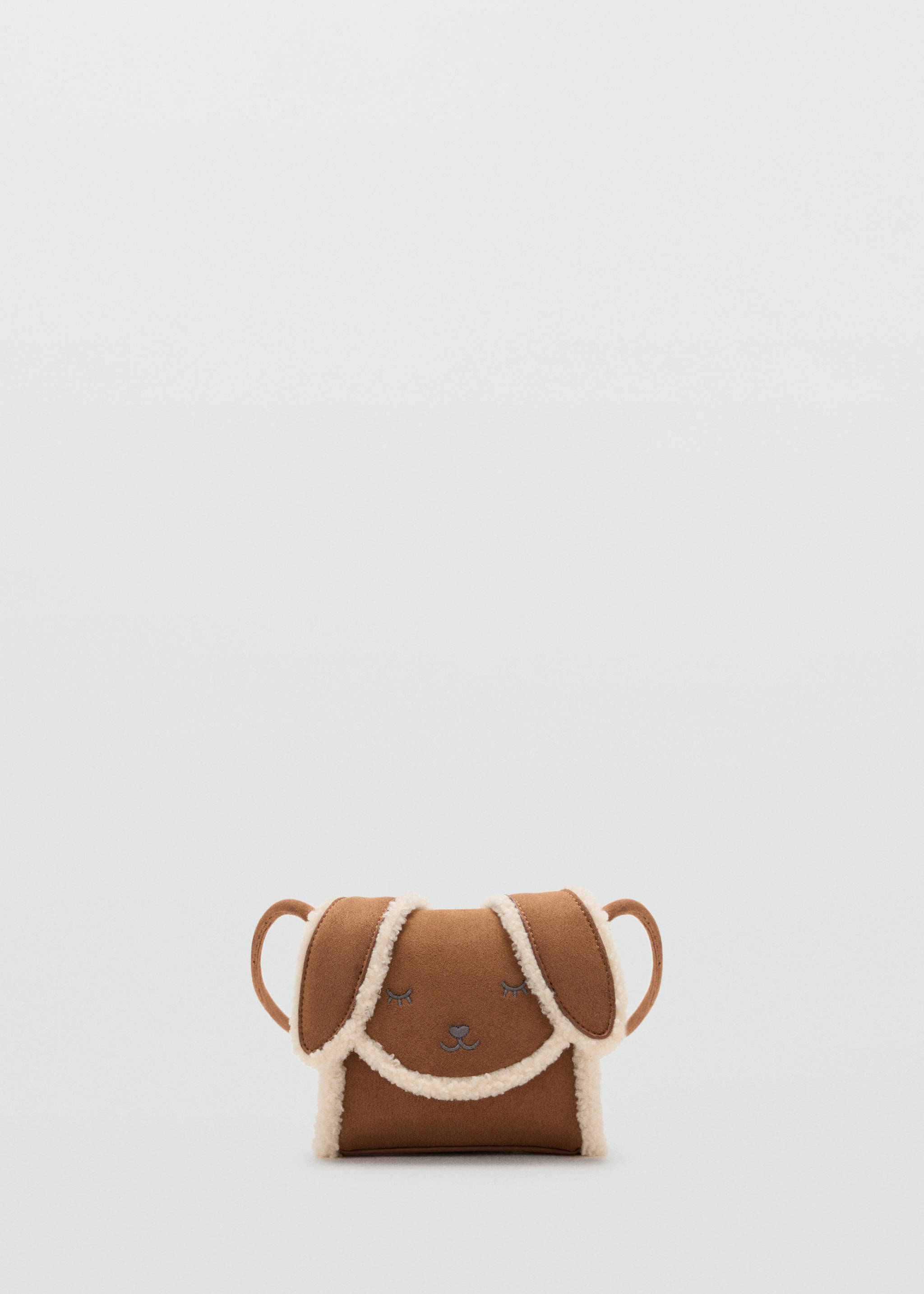 Mini bolso de infantil marrón con diseño de cara de perro y ribete de borreguillo sintético en color crema.