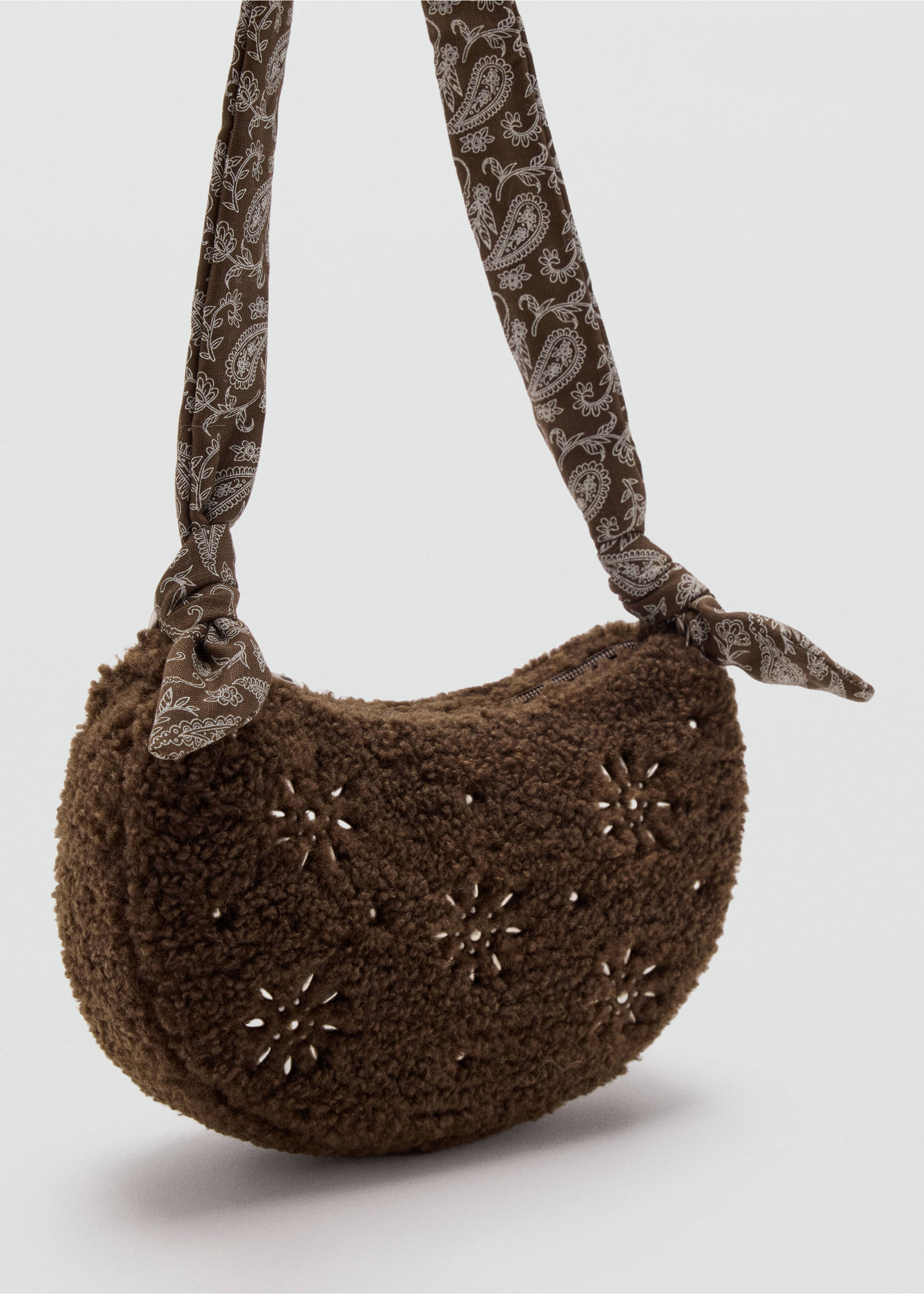 Brown faux-fur mini shoulder bag with white embroidery and a paisley strap., Chocolate. Ref: 37007940-00.