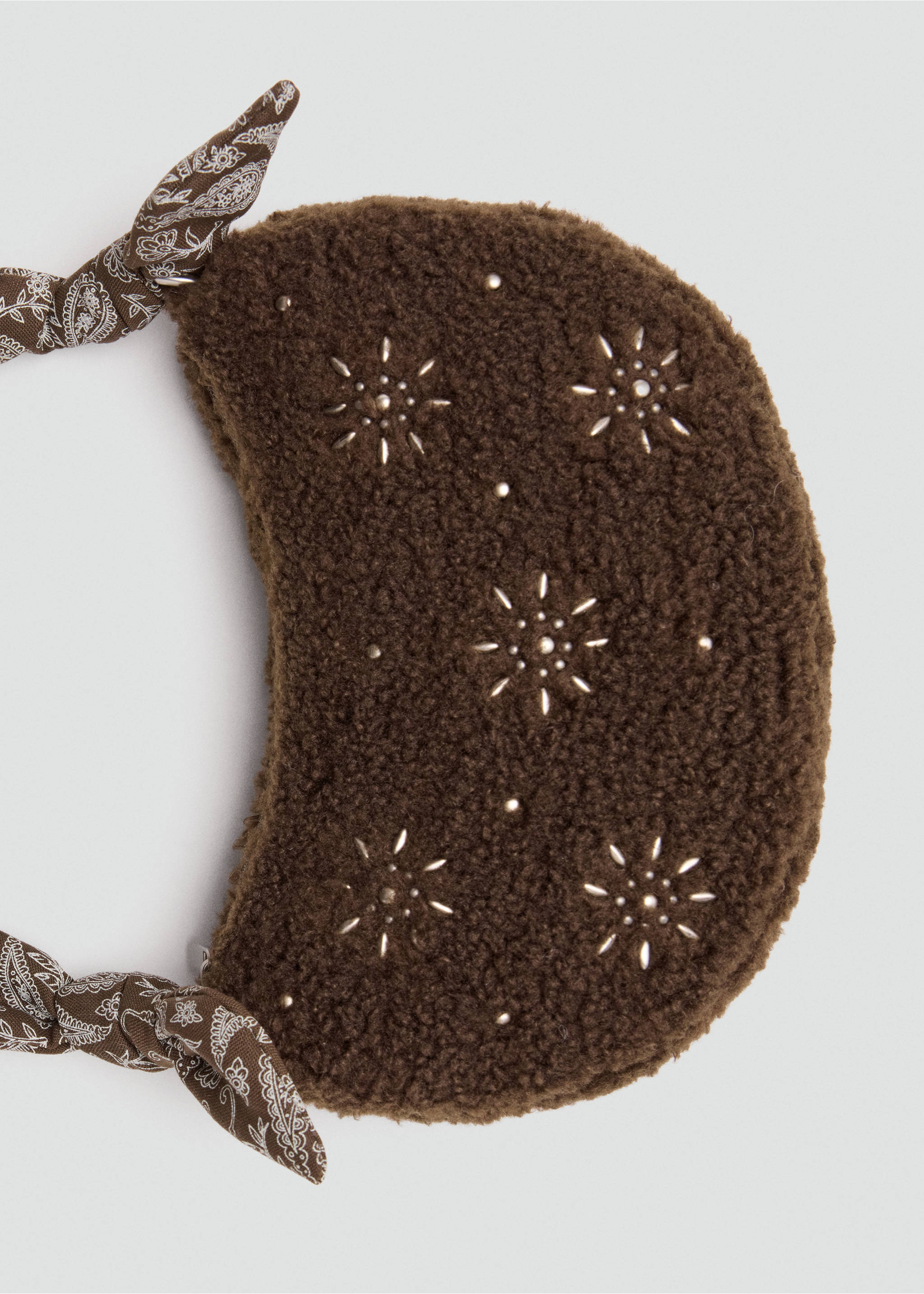Brown faux-fur mini bag with metallic star studs and a paisley scarf detail., Chocolate. Ref: 37007940-00.