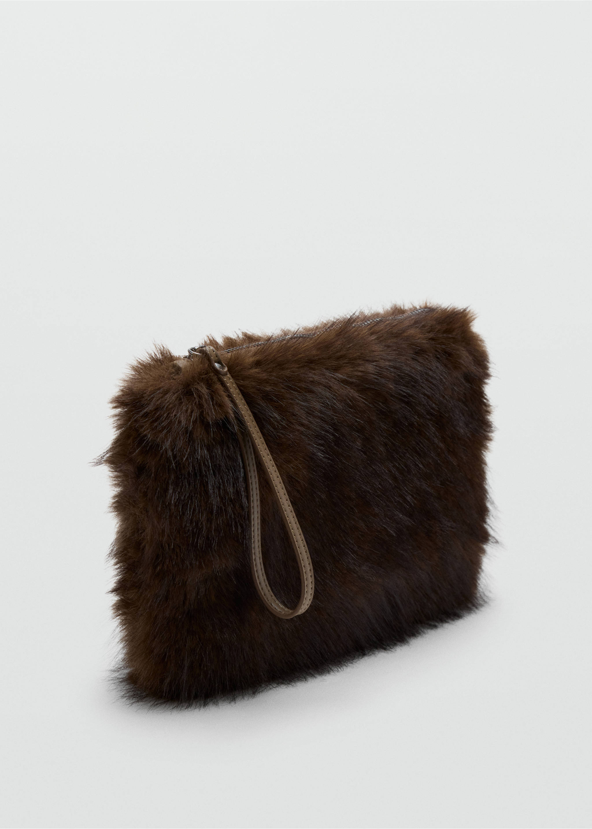 Dark brown faux-fur mini bag with a wrist strap and zip top., Brown. Ref: 37007942-00.