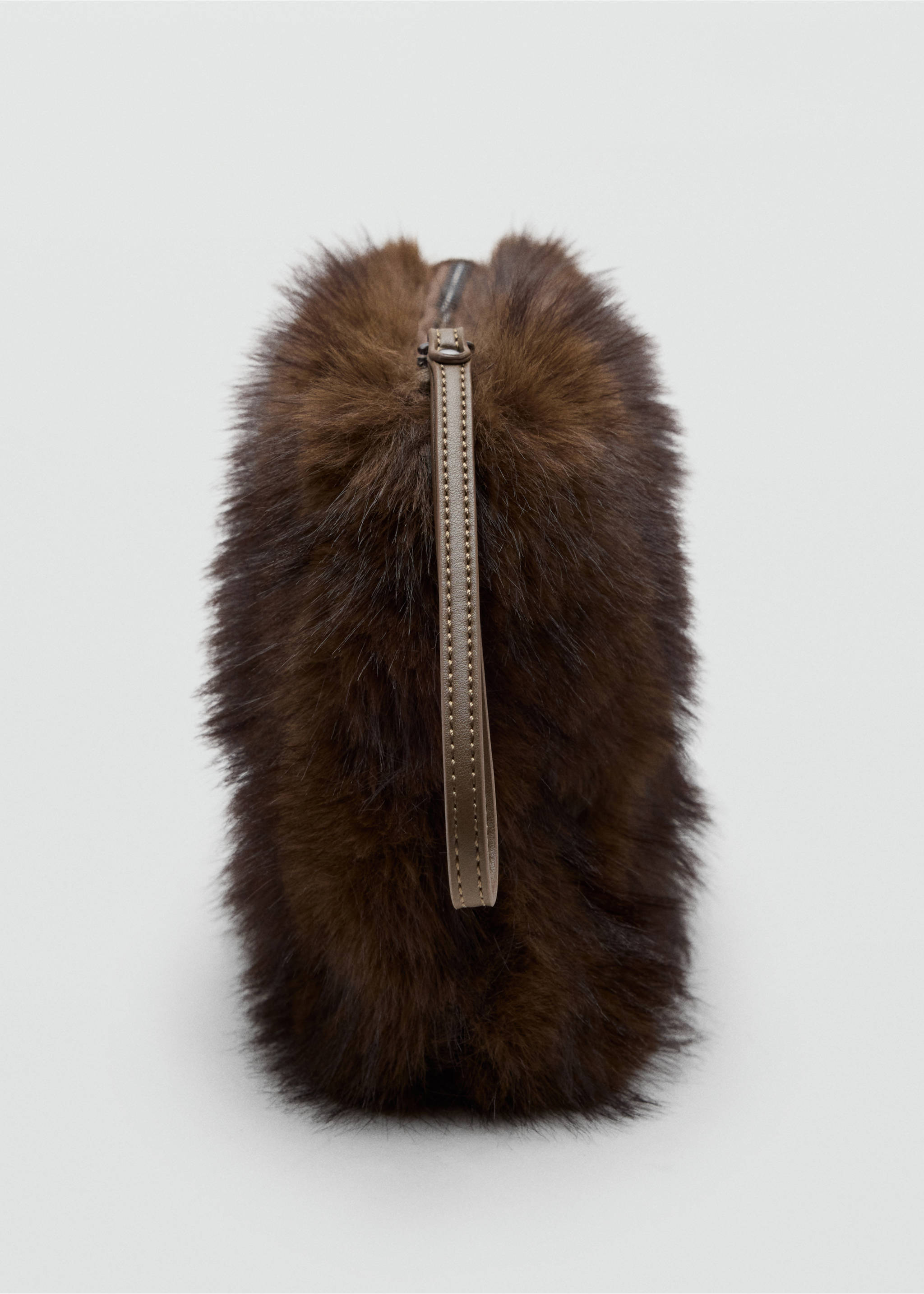 Brown faux-fur mini bag detail with top zip and vertical pull strap., Brown. Ref: 37007942-00.