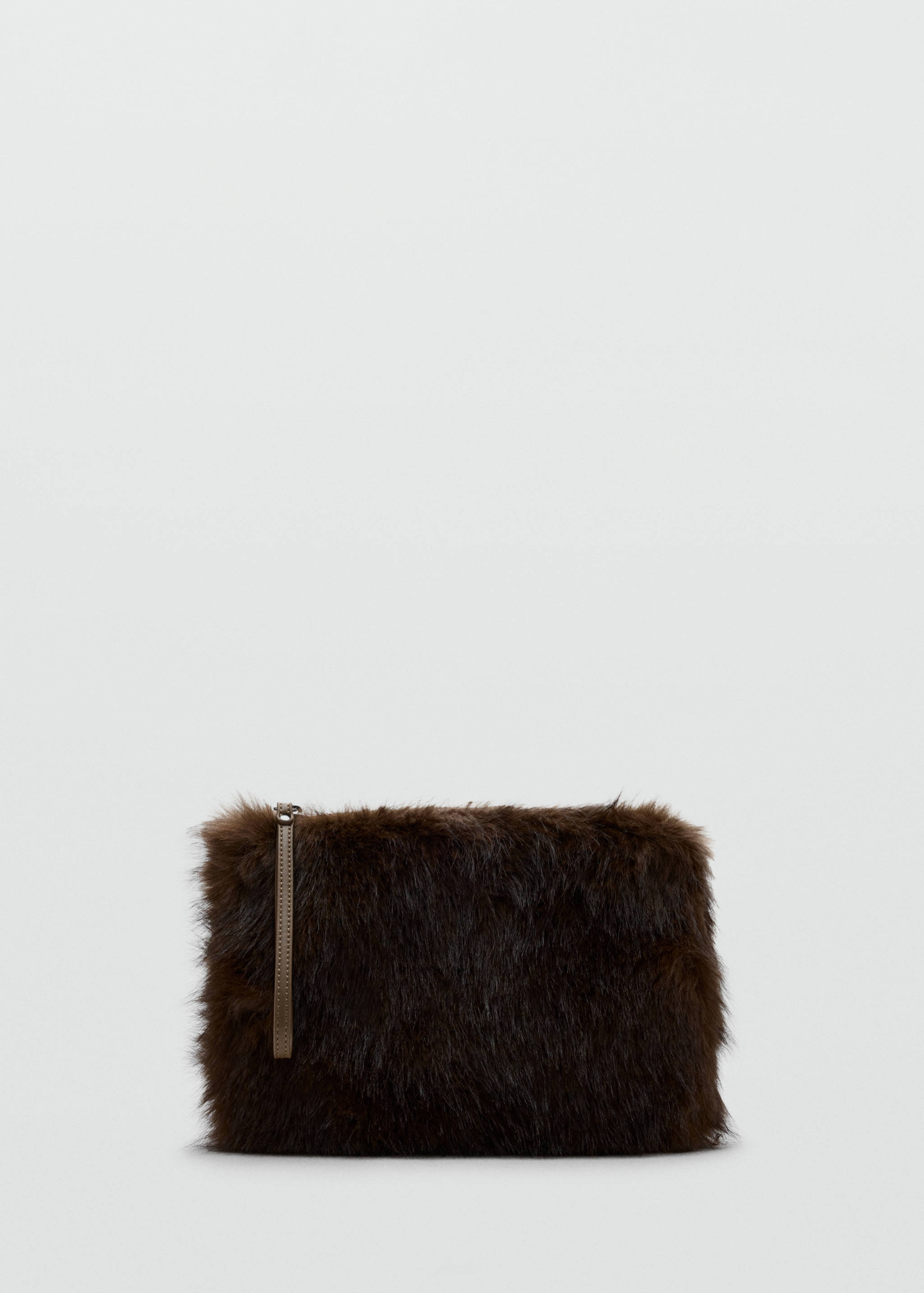 Brown faux-fur mini bag with a wrist strap.