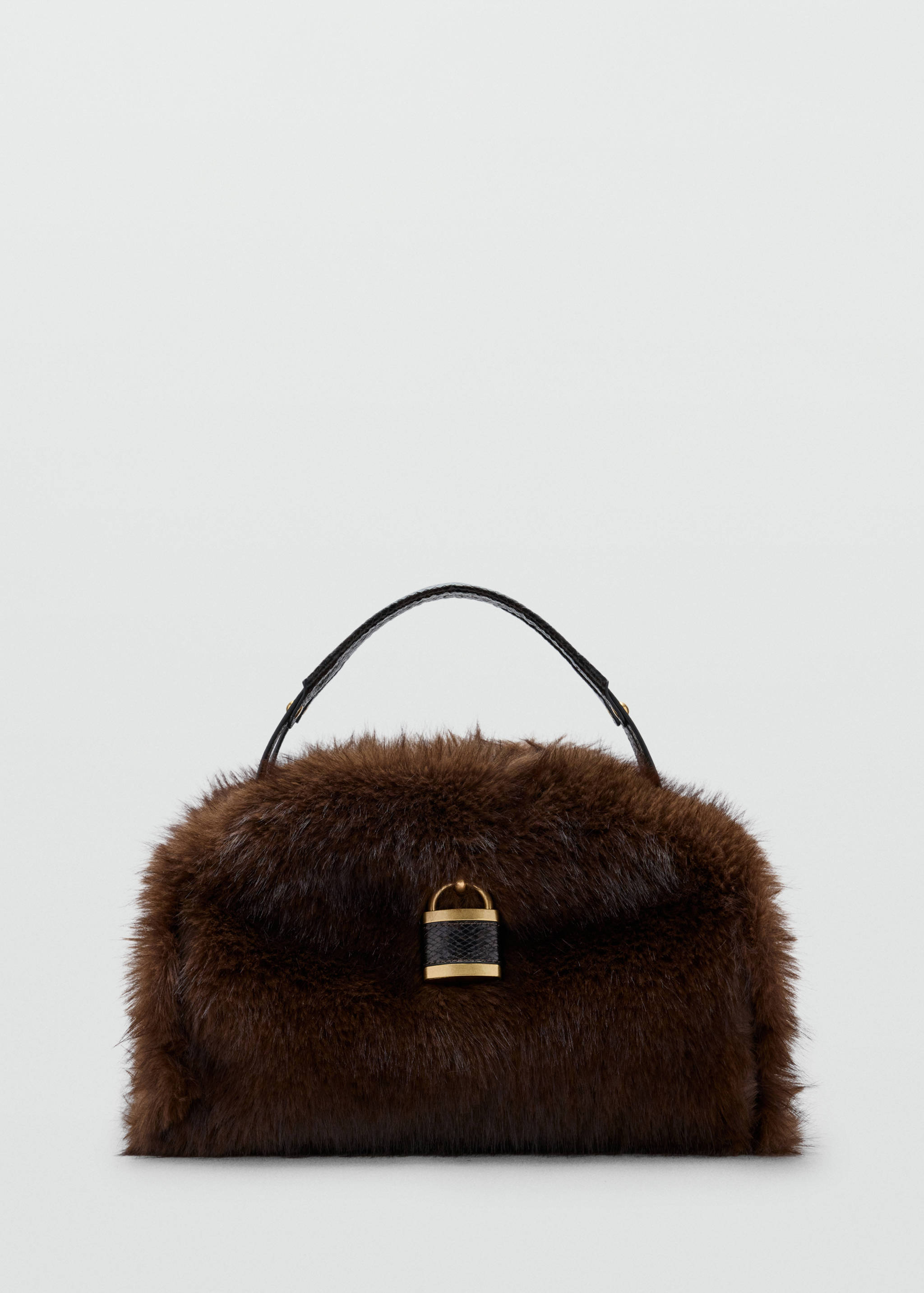 Brown faux-fur shoulder bag with a black top handle and a gold-tone clasp closure.
