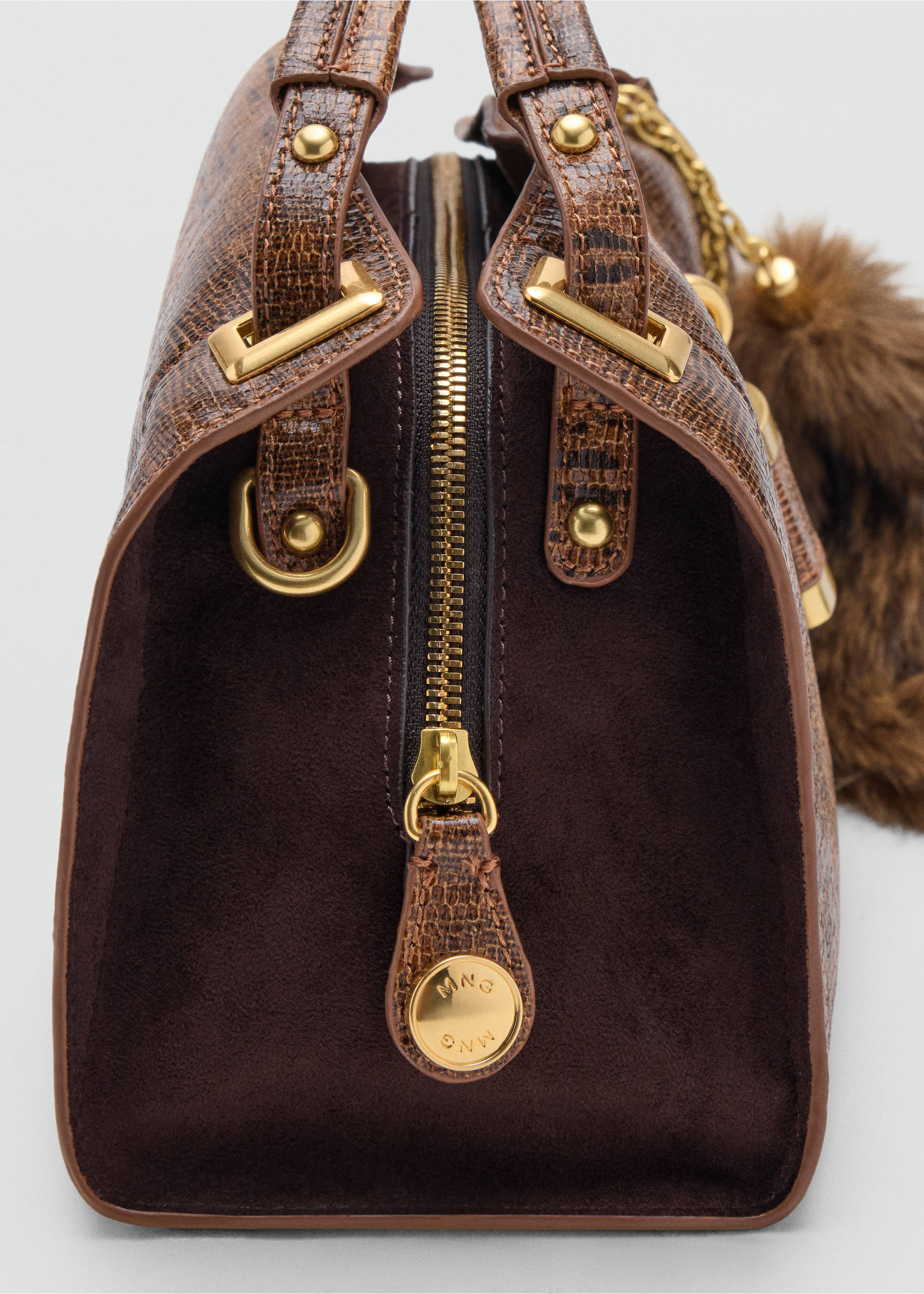 Close-up of a brown crossbody bag featuring suede panels, animal-textured leather trim, and gold-tone hardware., Leather. Ref: 37007947-00.
