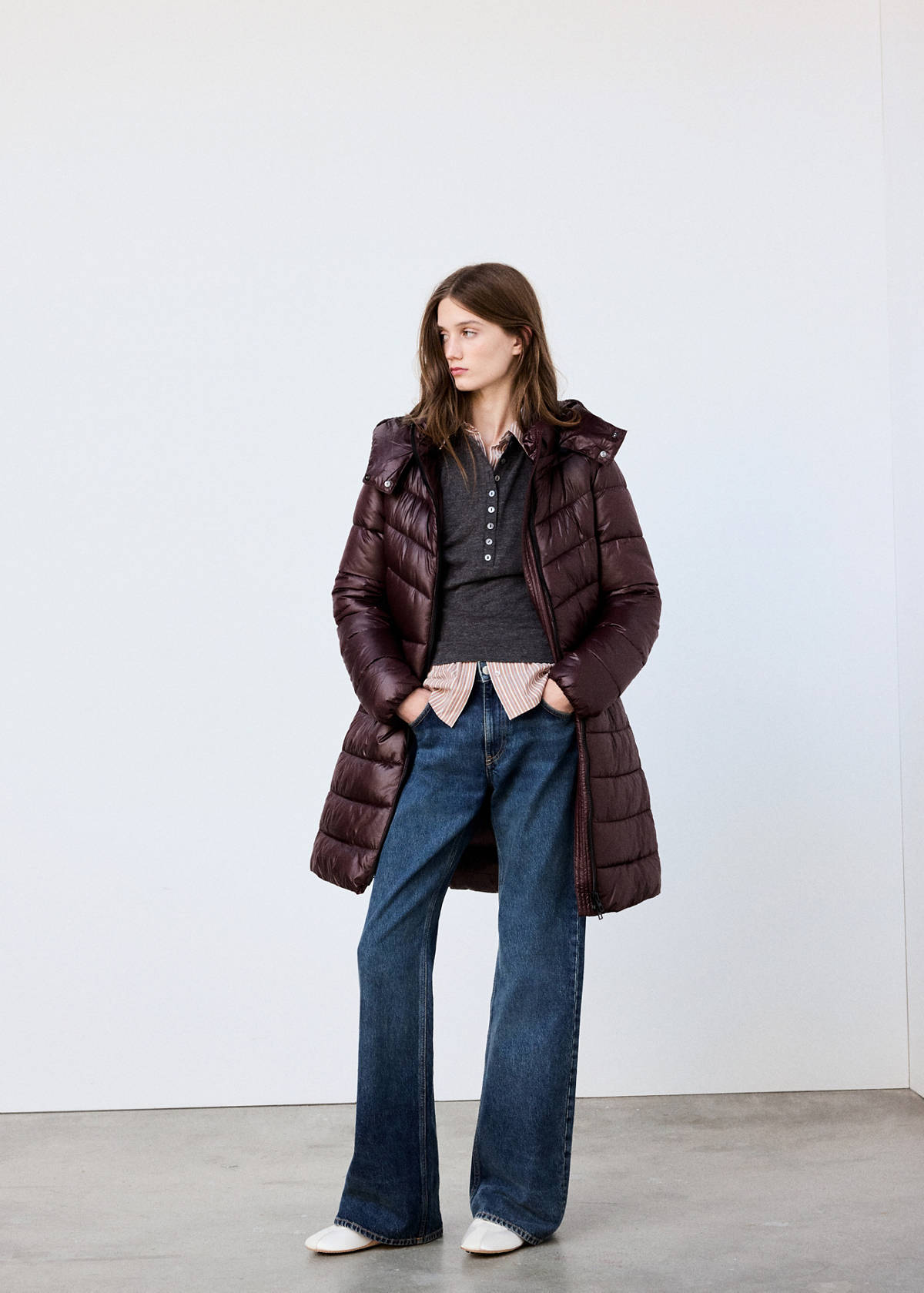 Midi quilted anorak with hood — Burgundy