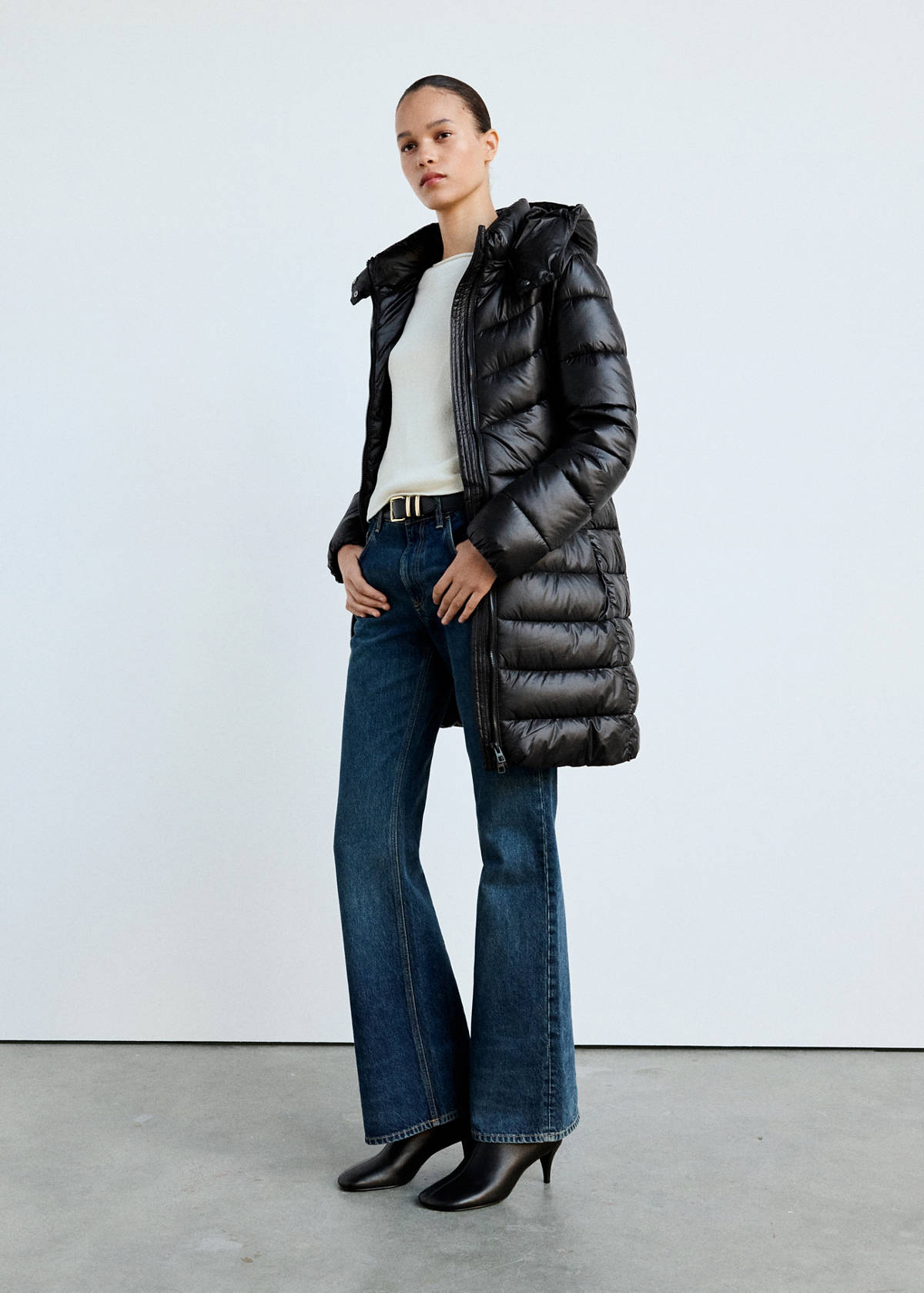 Midi quilted anorak with hood — Black