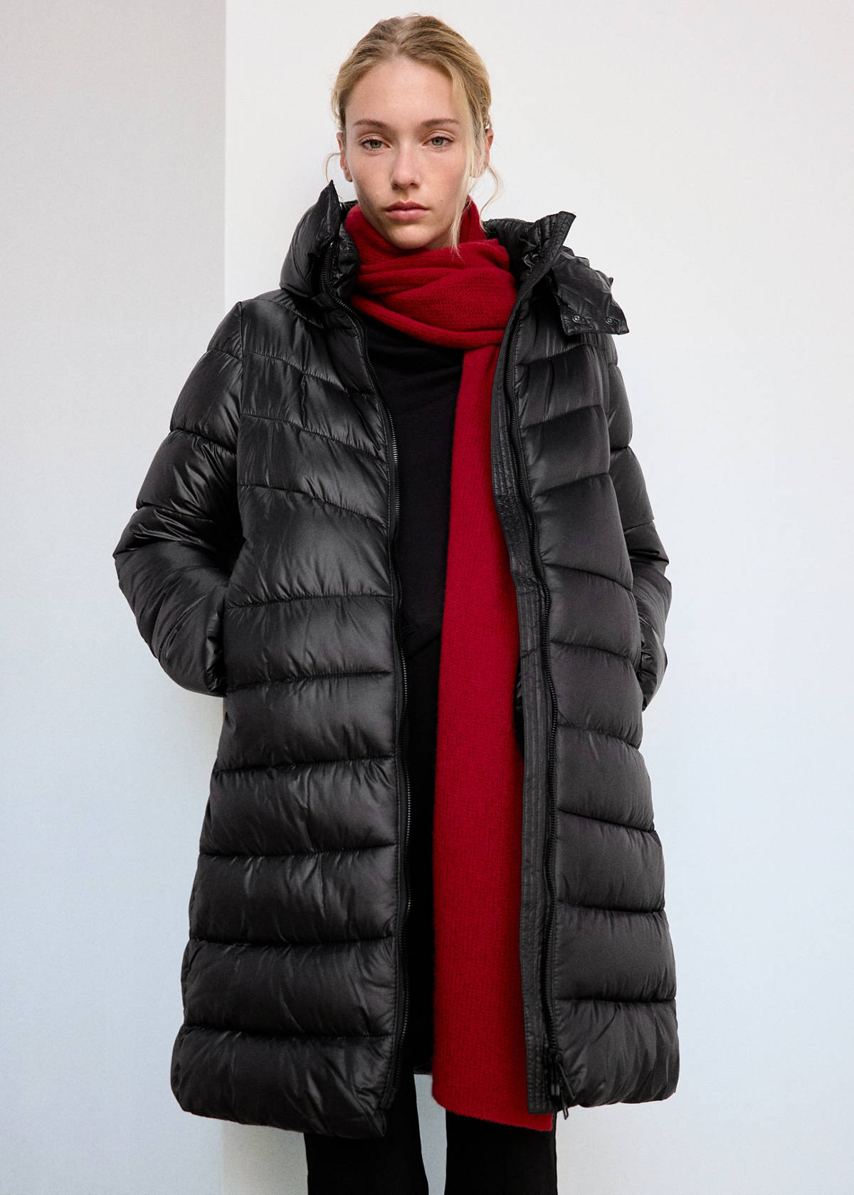Midi quilted anorak with hood — Black