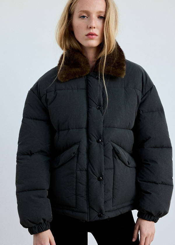 Fur collar puffer coat — Charcoal