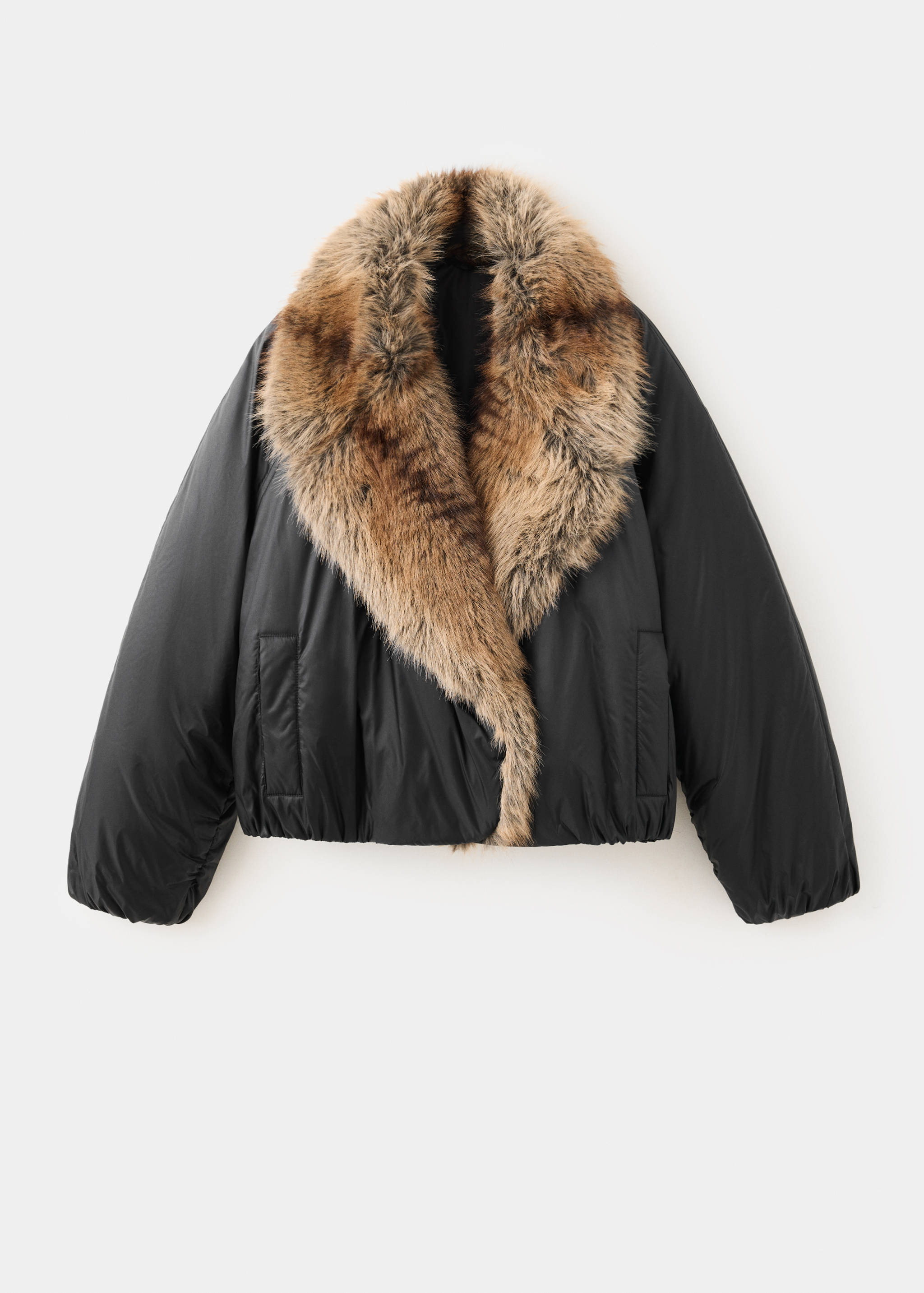 Black anorak with a wide brown faux-fur shawl collar and elastic hem.