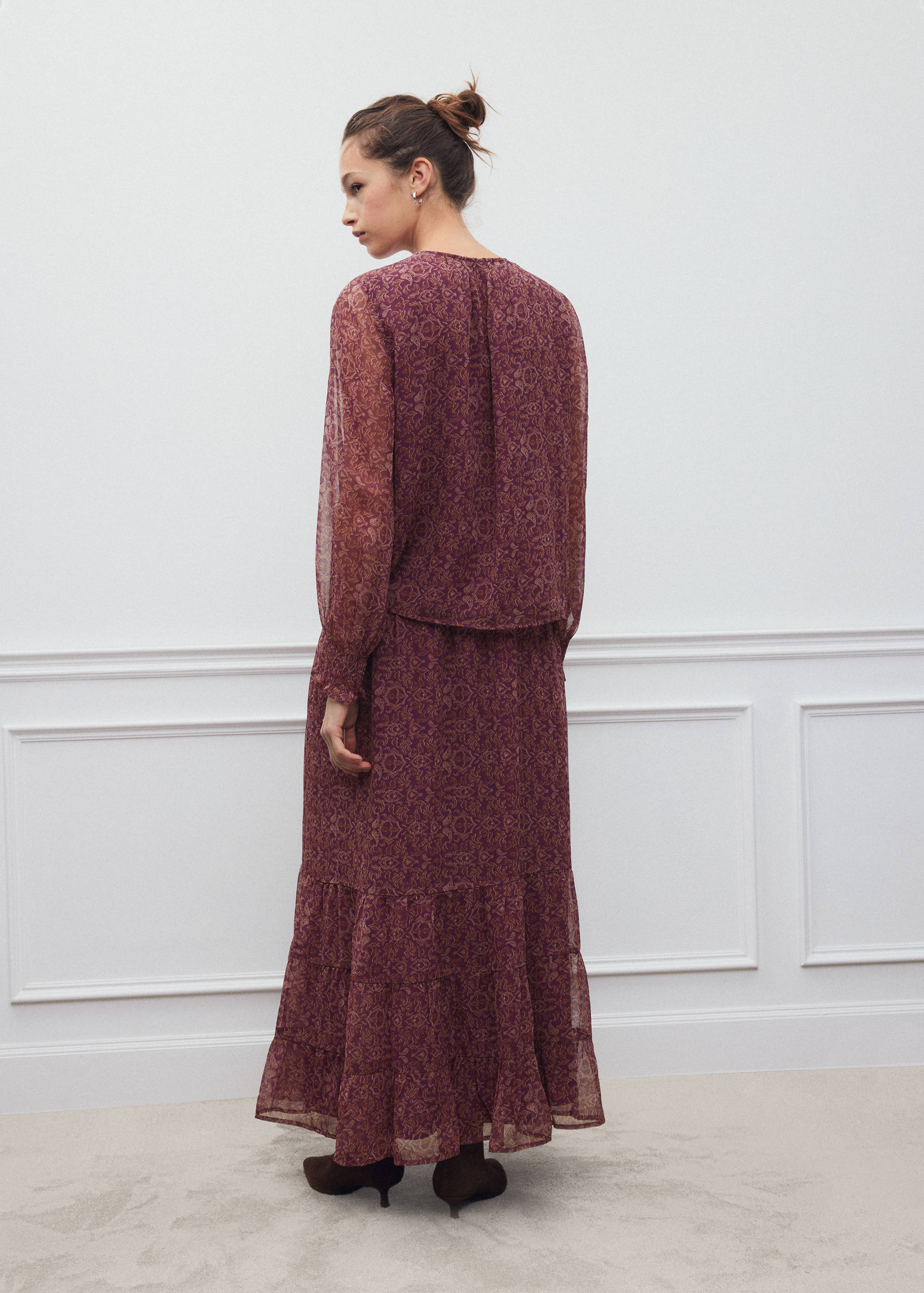 Burgundy printed long-sleeve shirt, back view