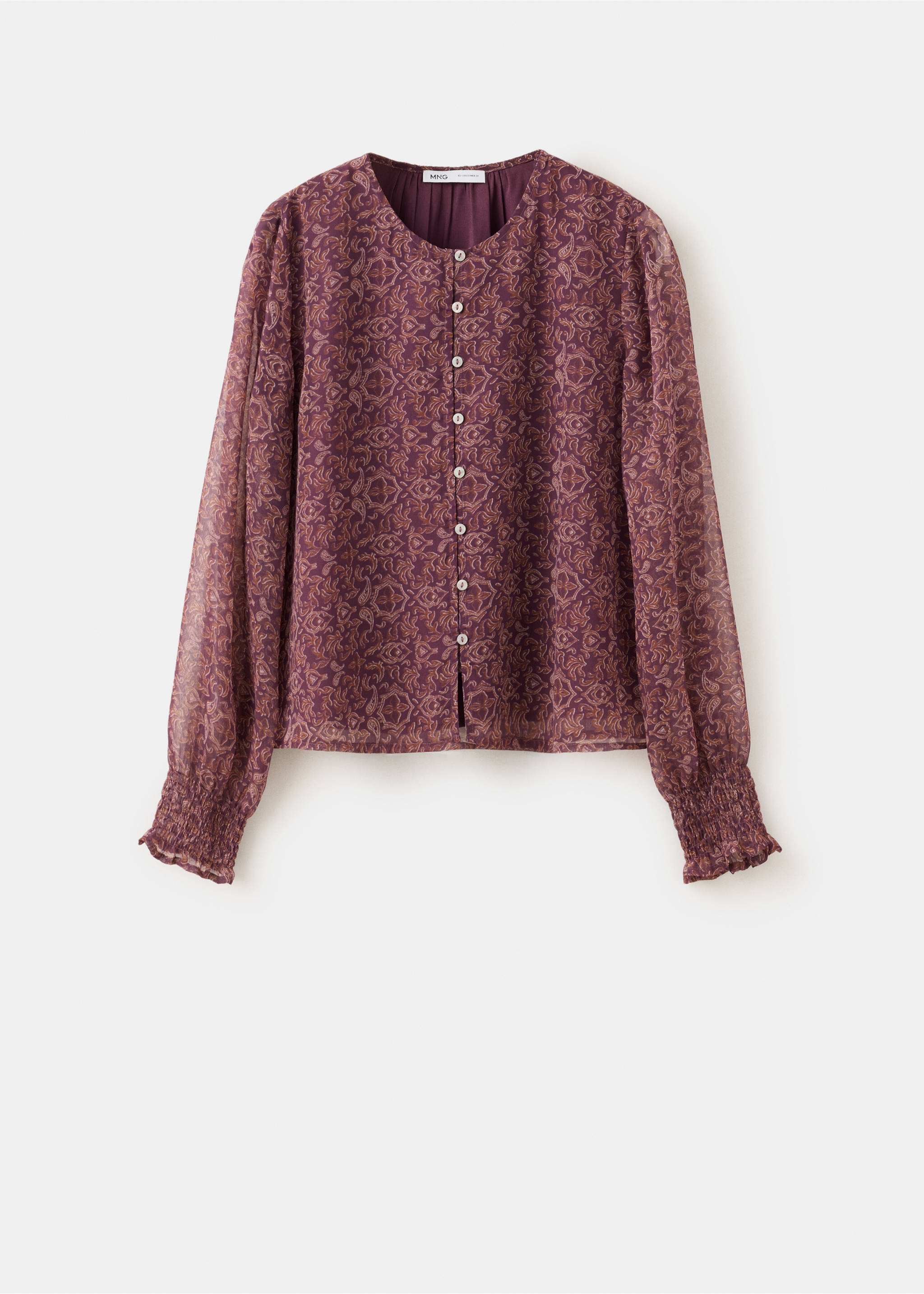 Plum purple paisley print shirt with rounded neckline and smocked cuffs., Pink. Ref: 37008278-00.