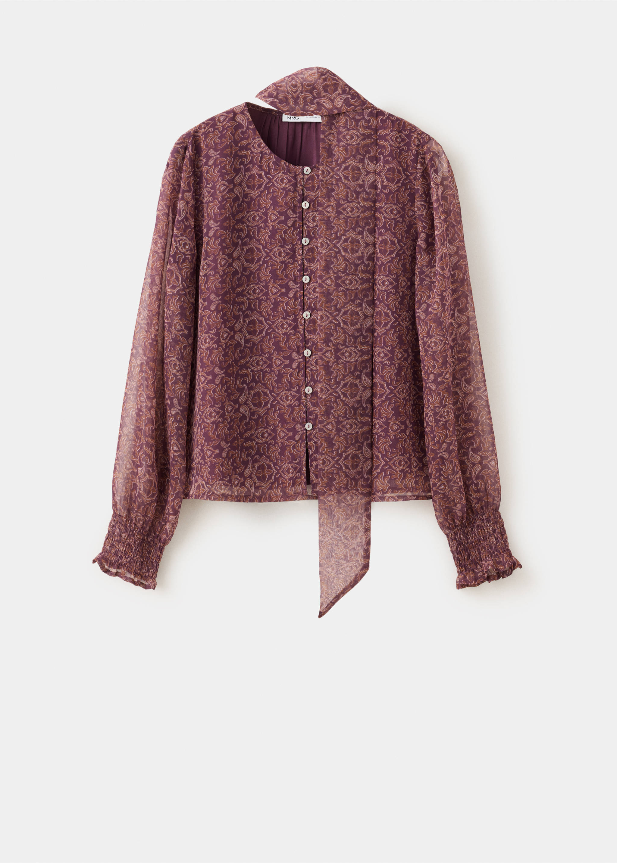 Plum patterned shirt with long sleeves, smocked cuffs, and a tie collar., Pink. Ref: 37008278-00.
