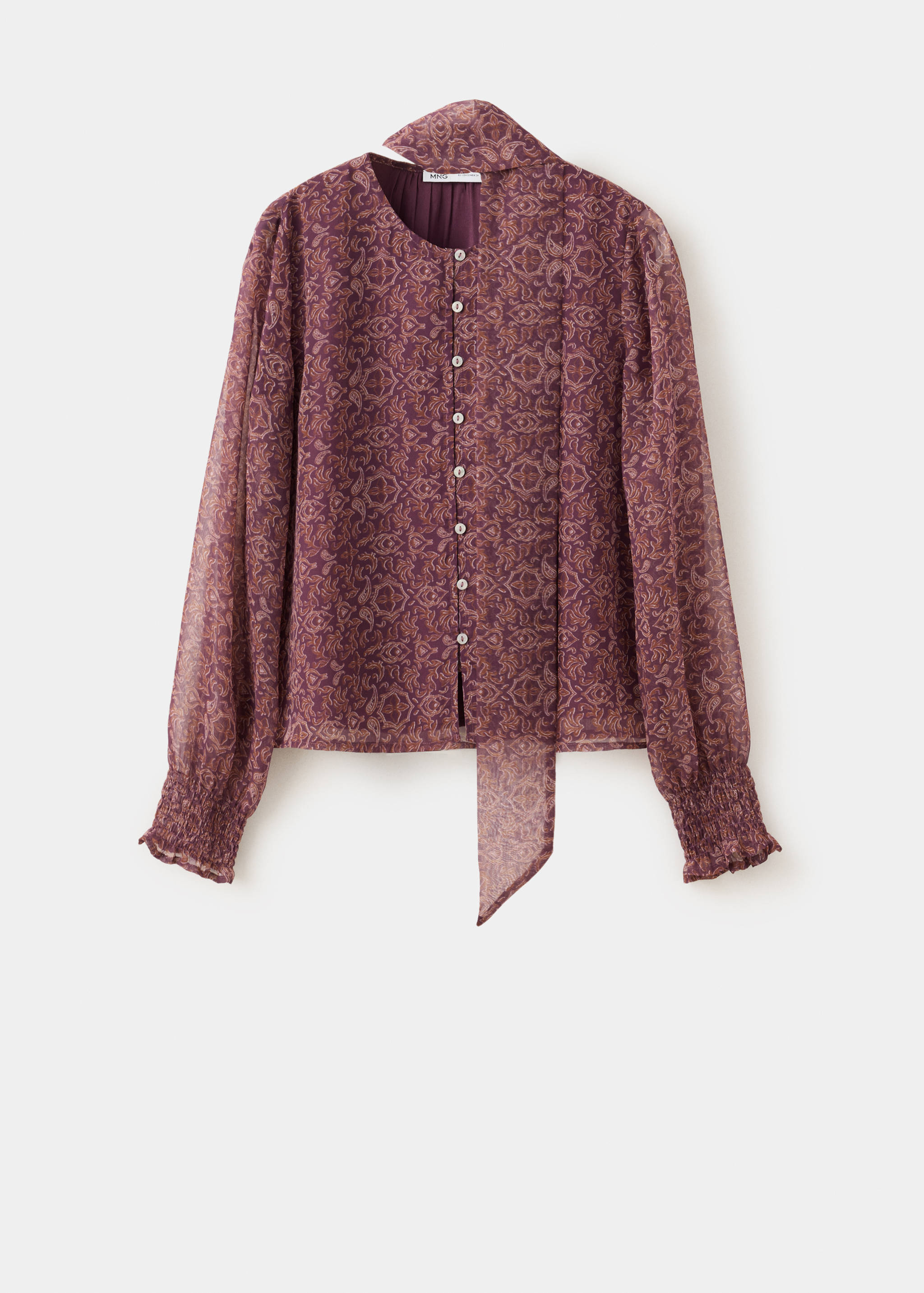 Plum patterned shirt with long sleeves, smocked cuffs, and a tie collar.