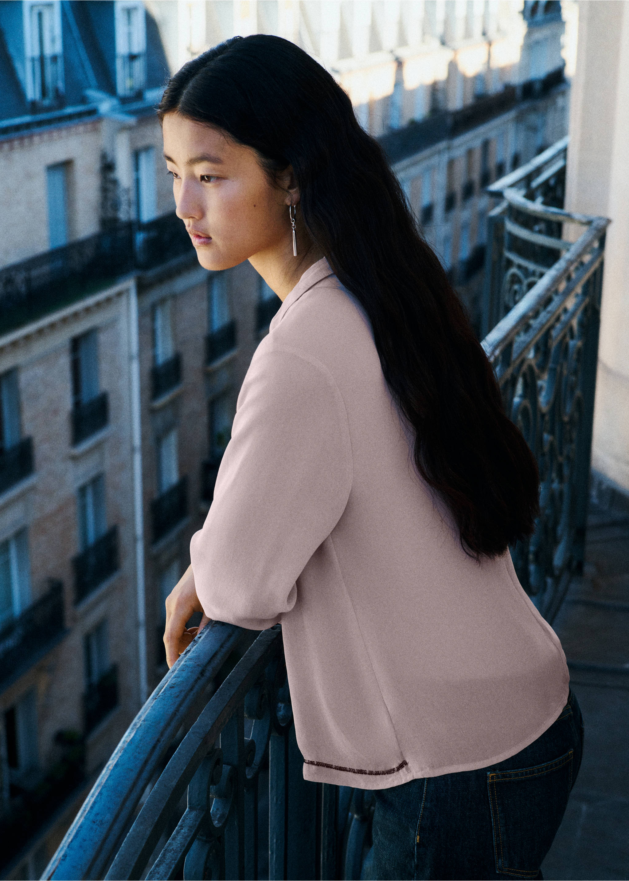 Pink blouse with long sleeves and beaded hem, back view., Pink. Ref: 37008280-00.