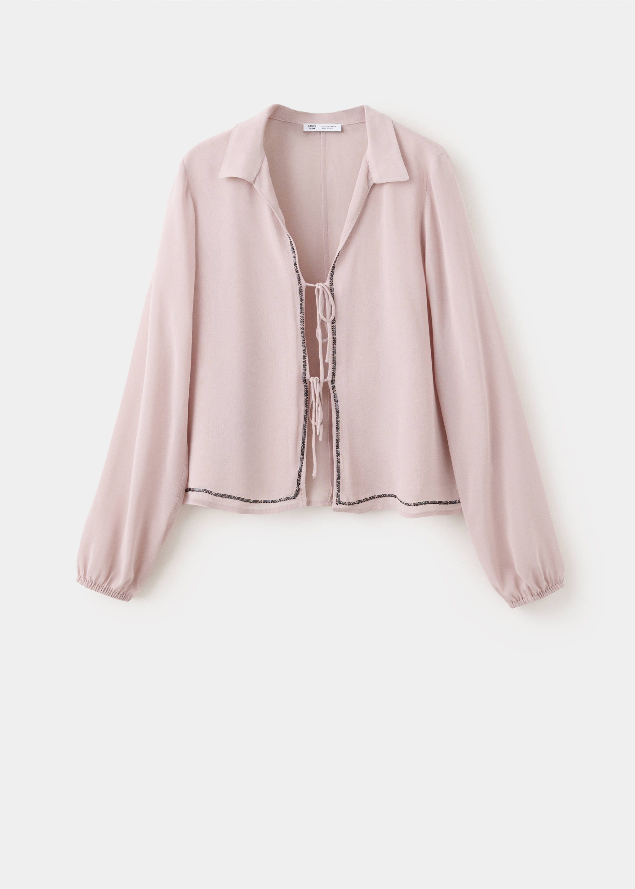 Light pink shirt with long sleeves, tie front, and beaded trim., Pink. Ref: 37008280-00.