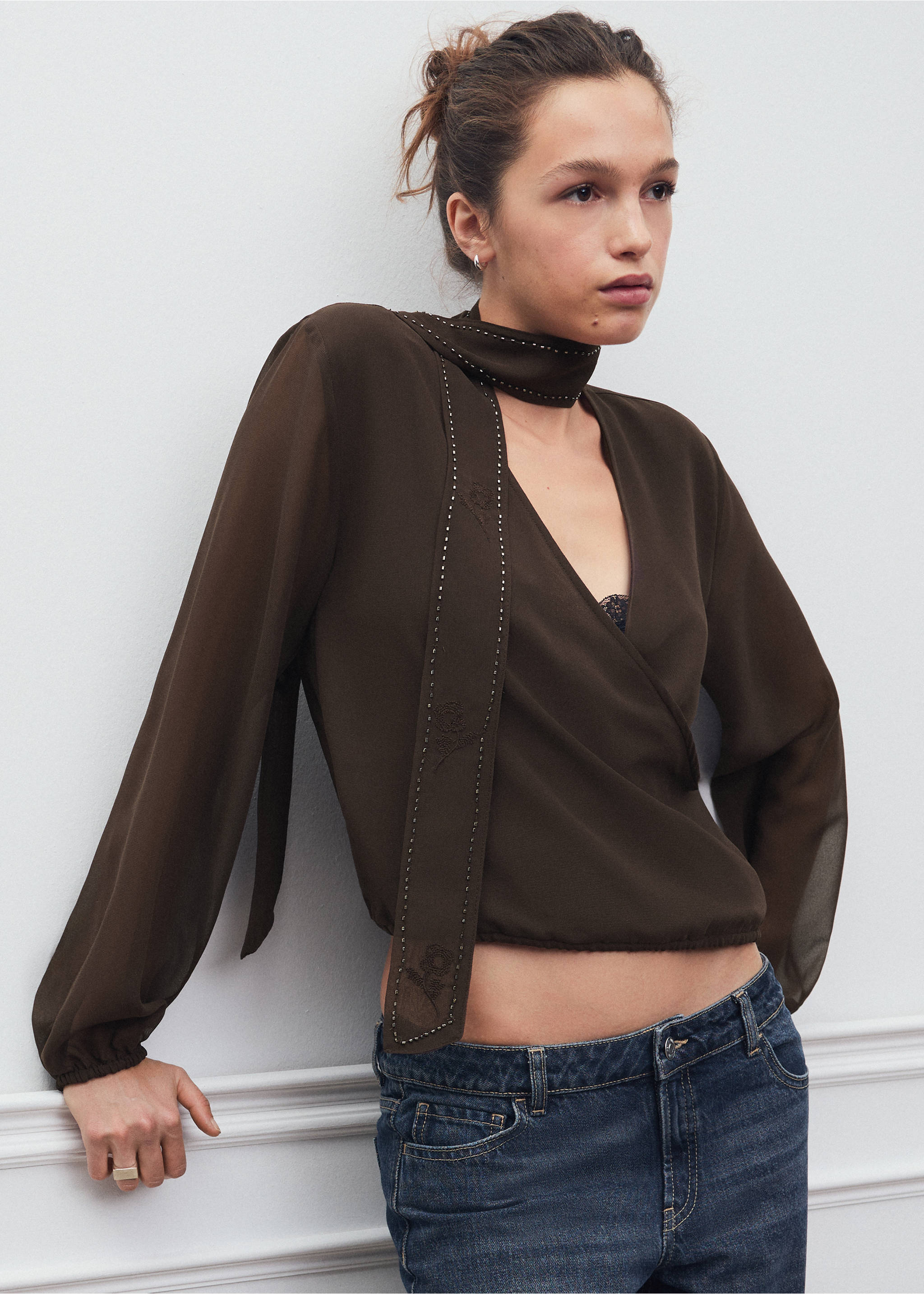 Dark brown wrap blouse with long sleeves, matching studded scarf and V-neck., Brown. Ref: 37008281-00.