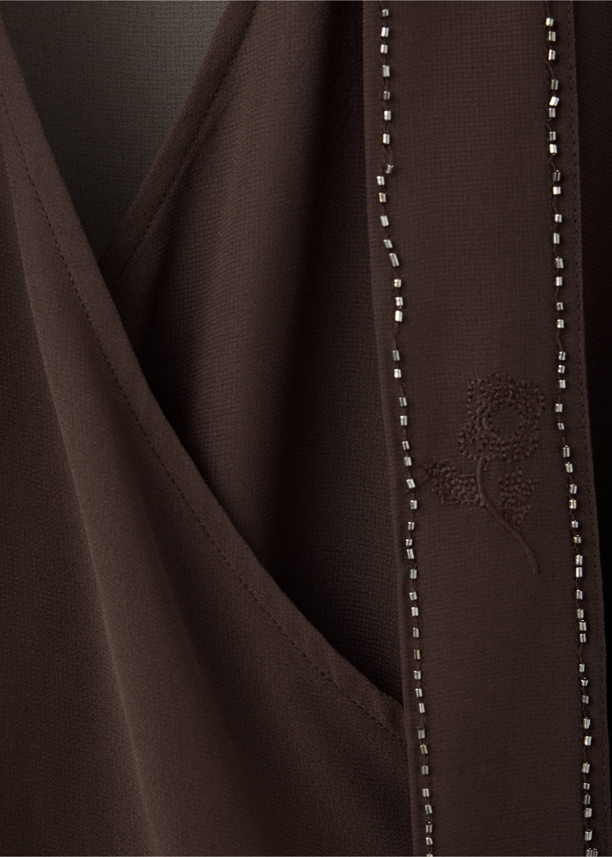 Dark brown wrap shirt with beaded strap and floral embroidery., Brown. Ref: 37008281-00.