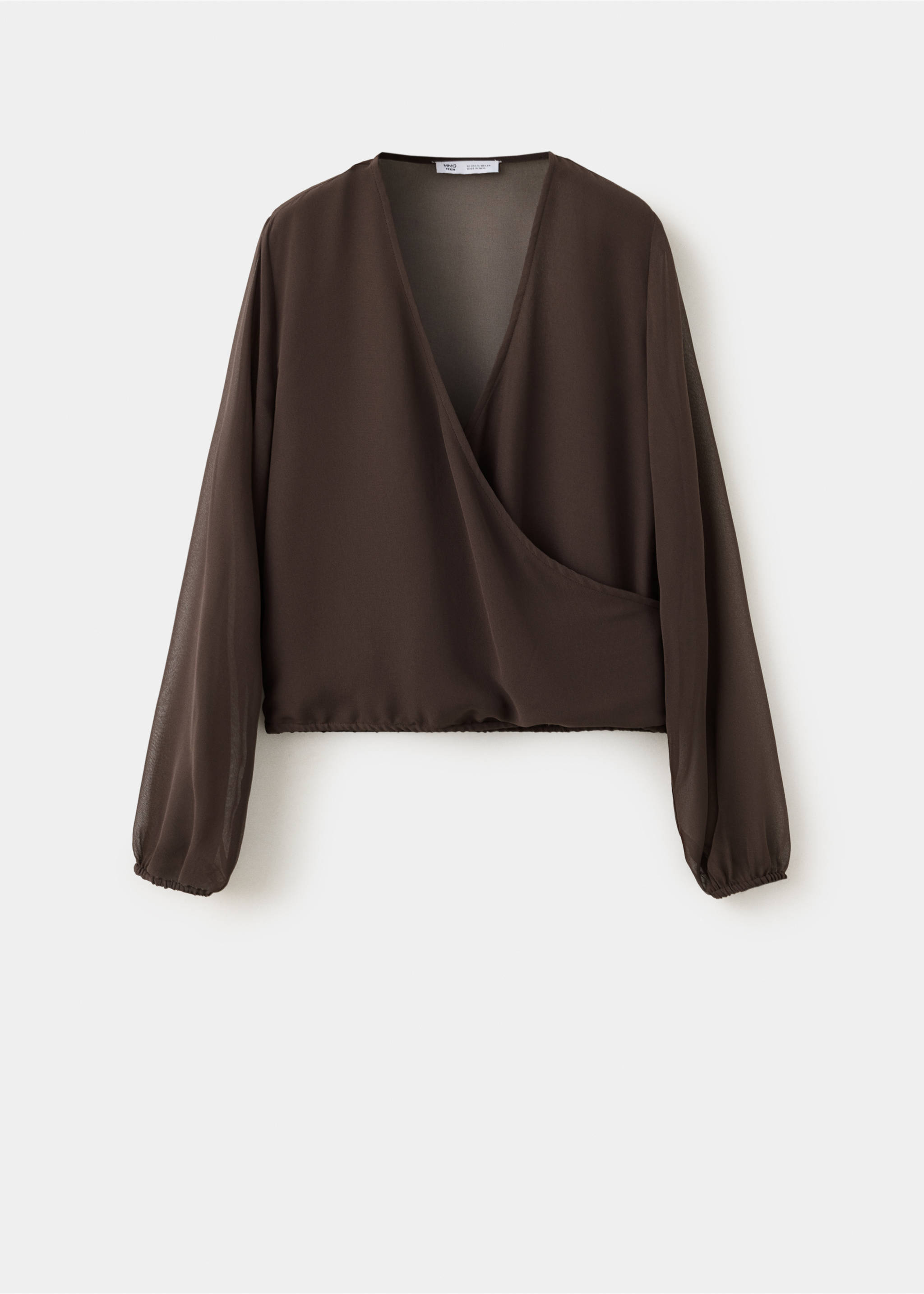 Dark brown wrap shirt with long sheer sleeves and elasticated cuffs., Brown. Ref: 37008281-00.