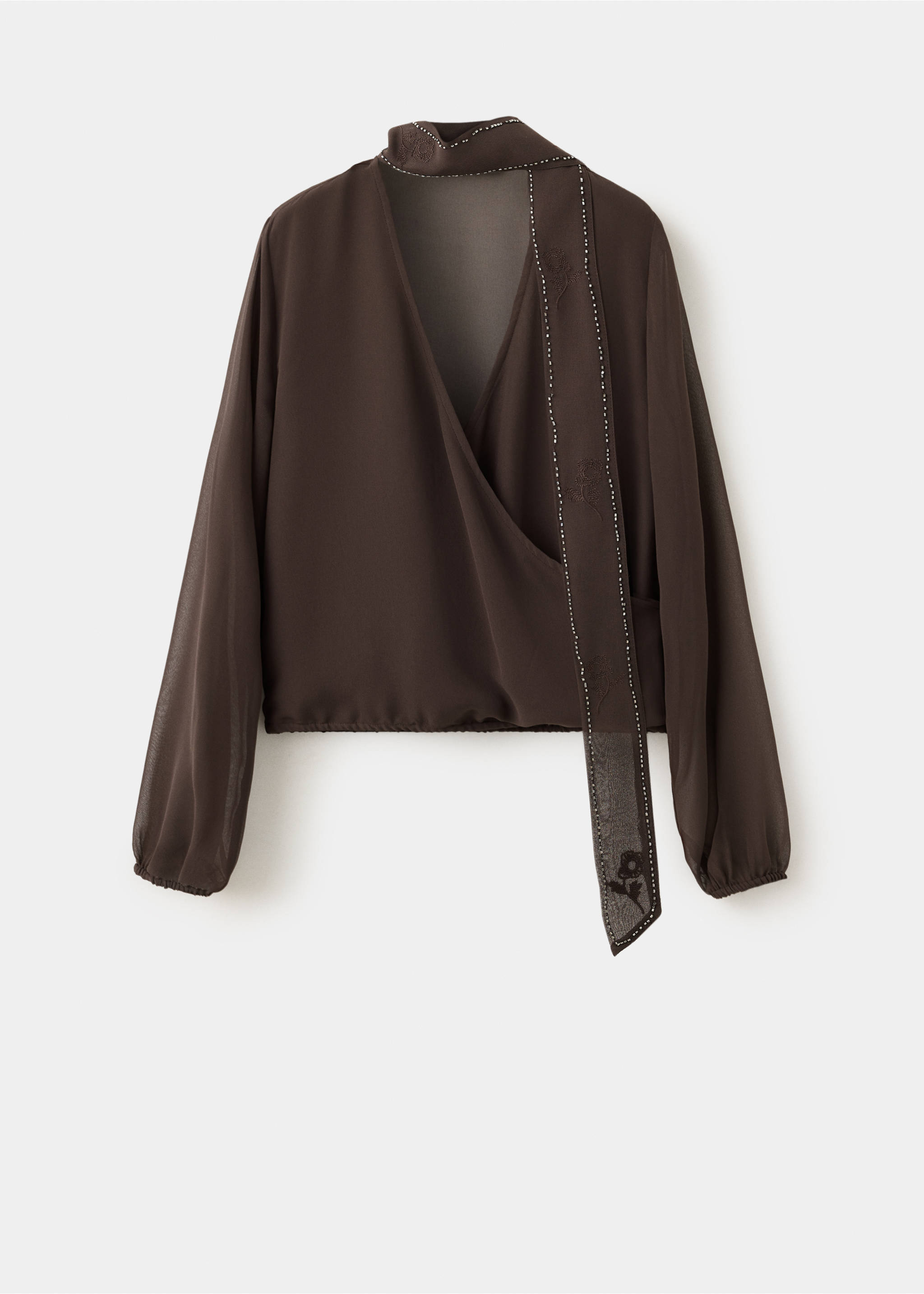 Dark brown wrap-style shirt with long sheer sleeves and an embellished tie neck detail., Brown. Ref: 37008281-00.