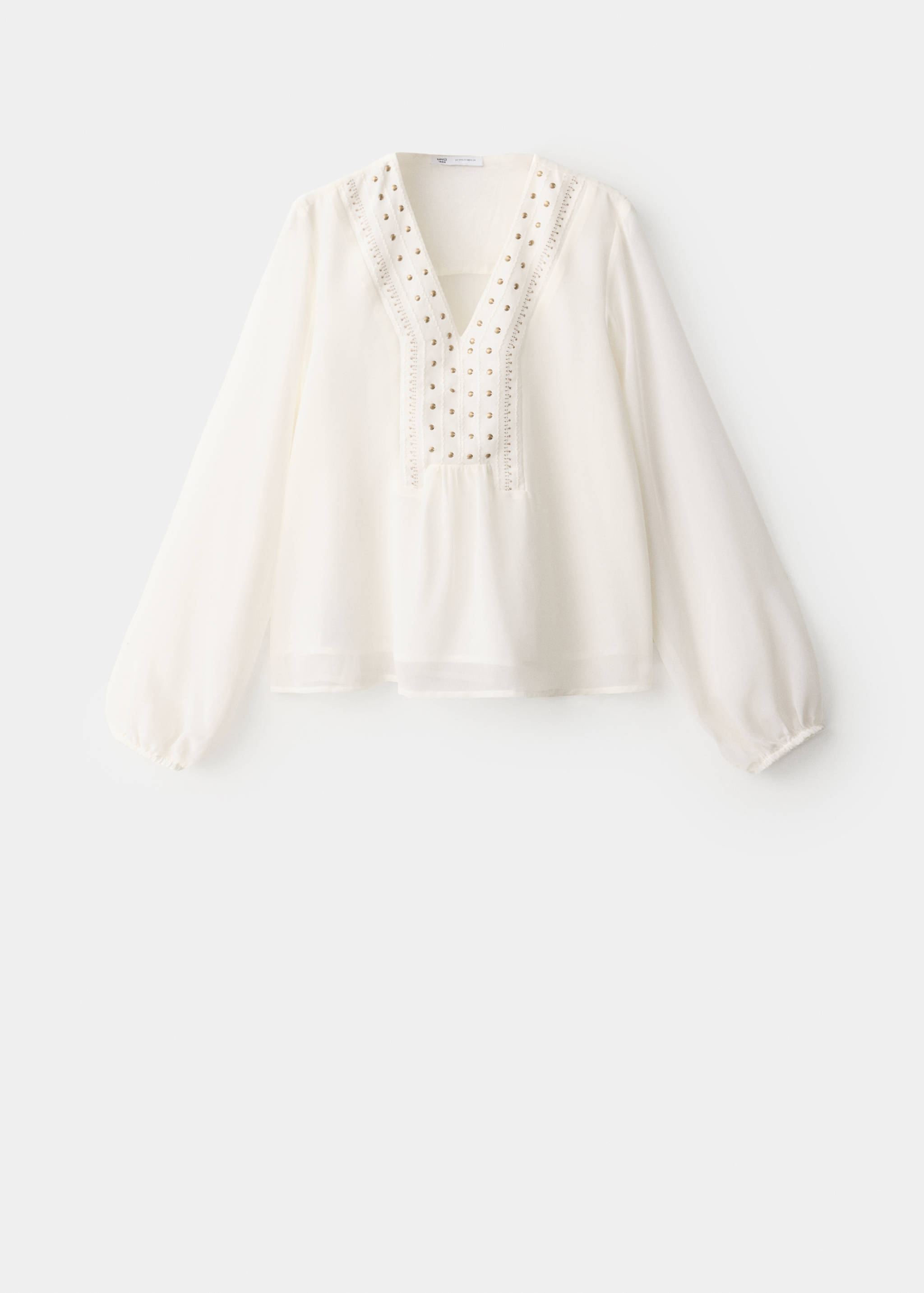 Off-white shirt featuring a V-neckline with metallic studs.