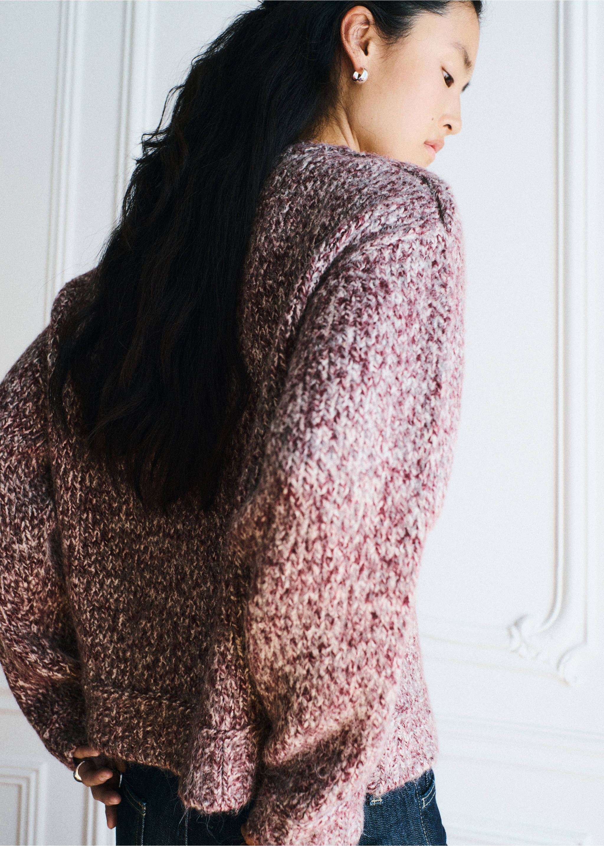 Back view of a marled burgundy knit cardigan with long sleeves., Pink. Ref: 37008283-00.