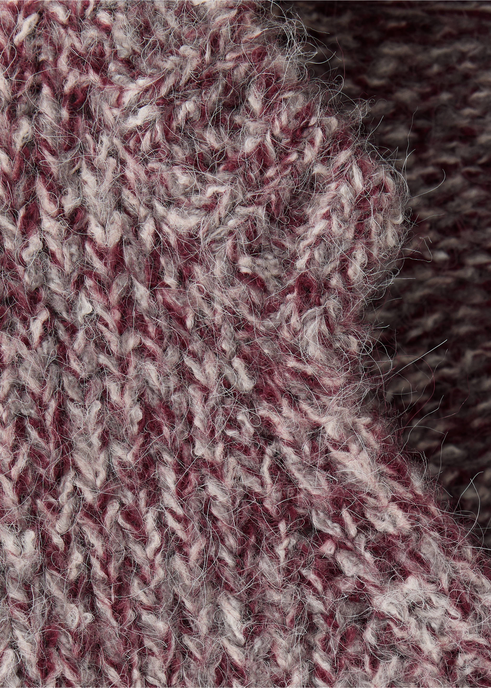 Close-up of a fuzzy burgundy and grey knit jersey texture., Pink. Ref: 37008283-00.