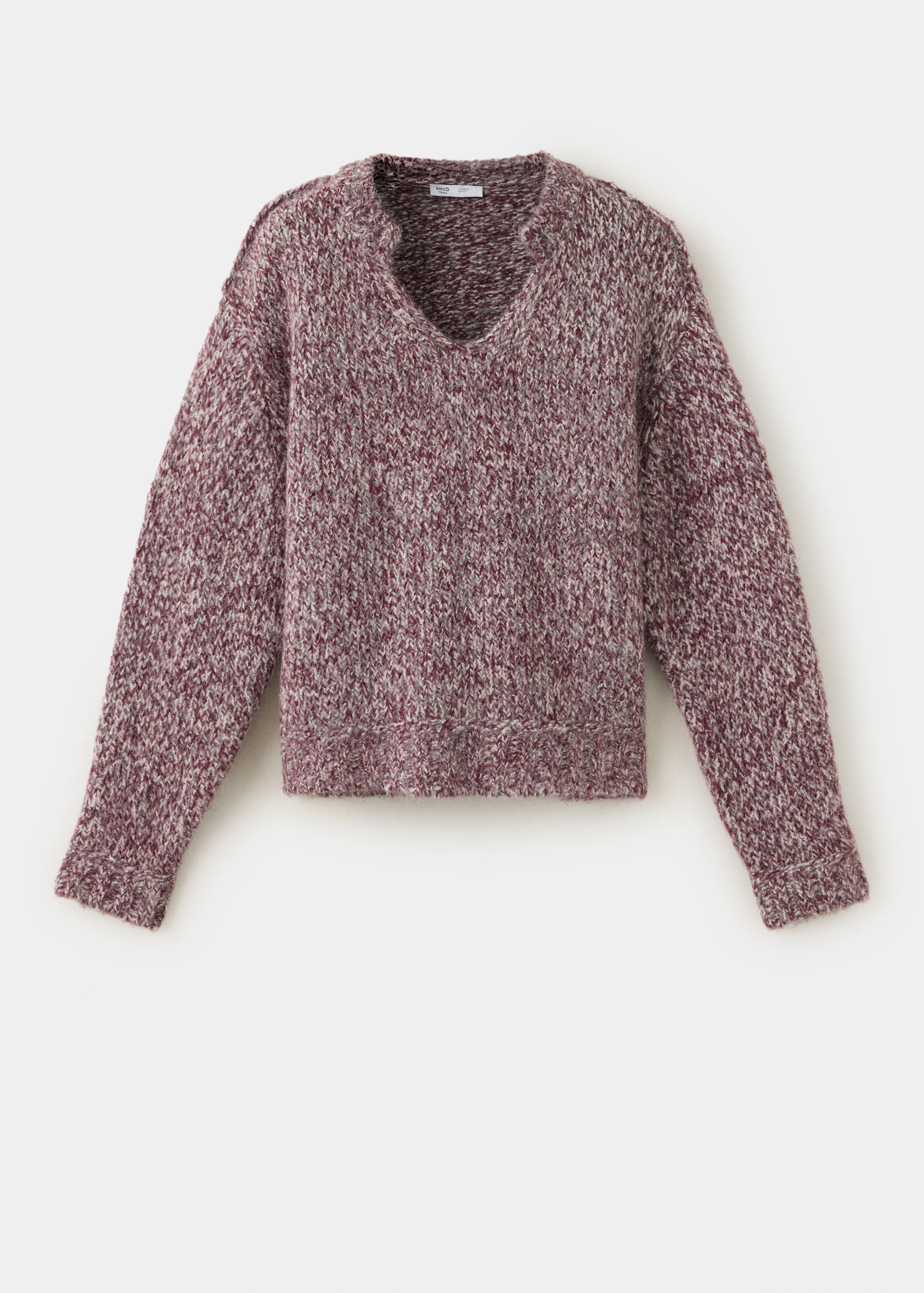 Maroon and white speckled knit jersey with a notch V-neckline.
