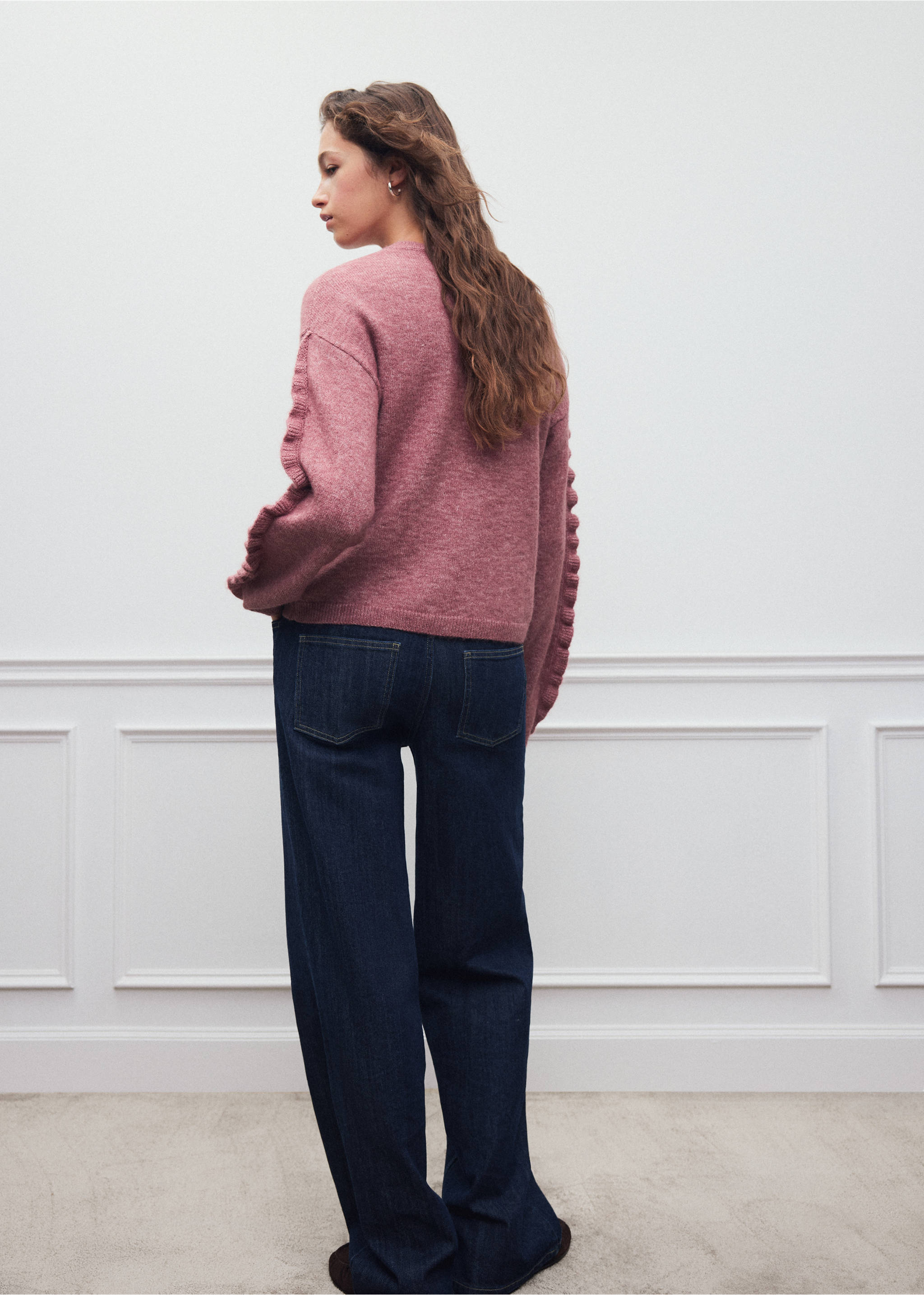 Pink knit jumper with ruffled sleeves, back view., Pink. Ref: 37008284-00.