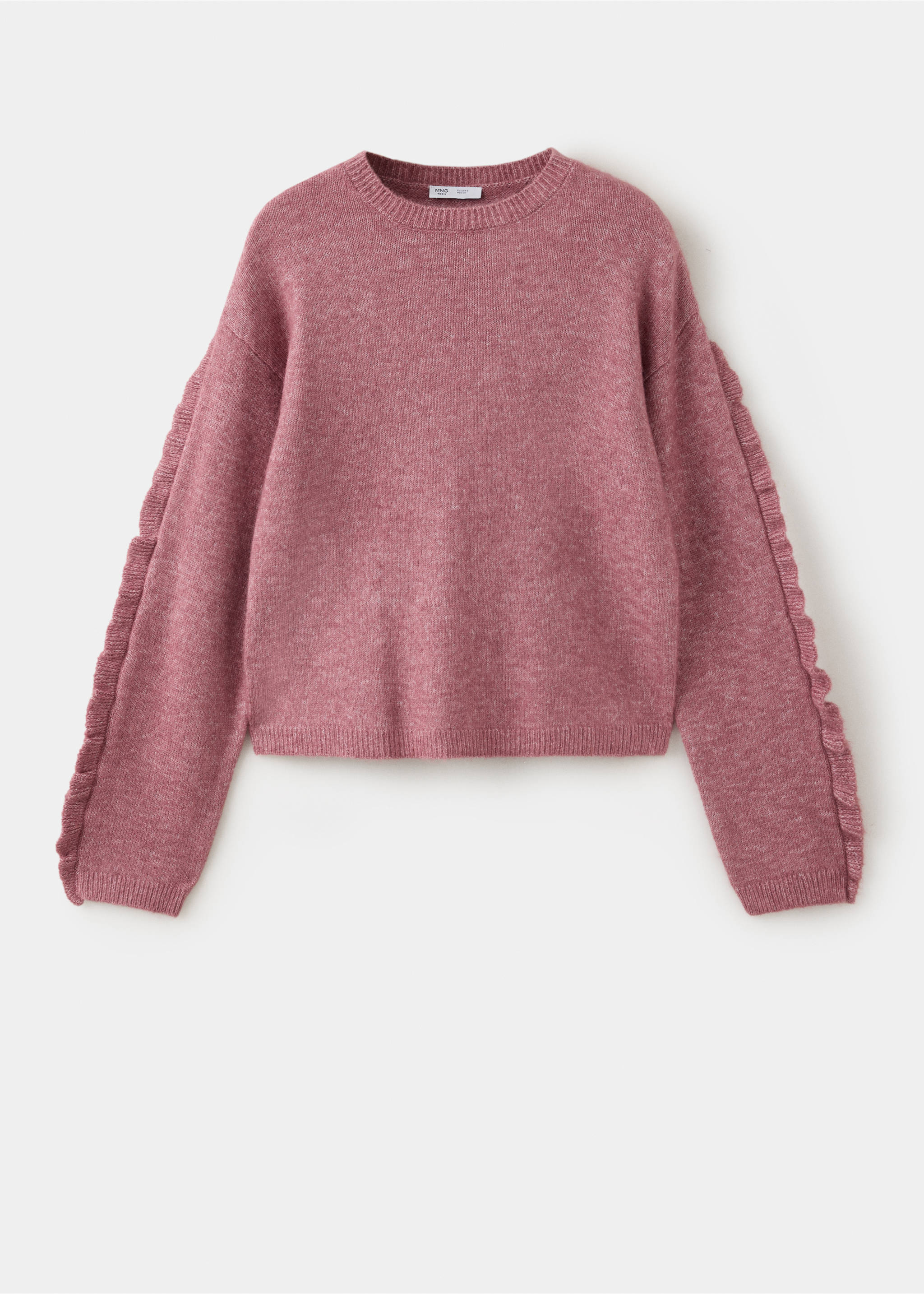 Dusty pink knitted jumper featuring ribbed crew neck and ruffle-trimmed long sleeves., Pink. Ref: 37008284-00.