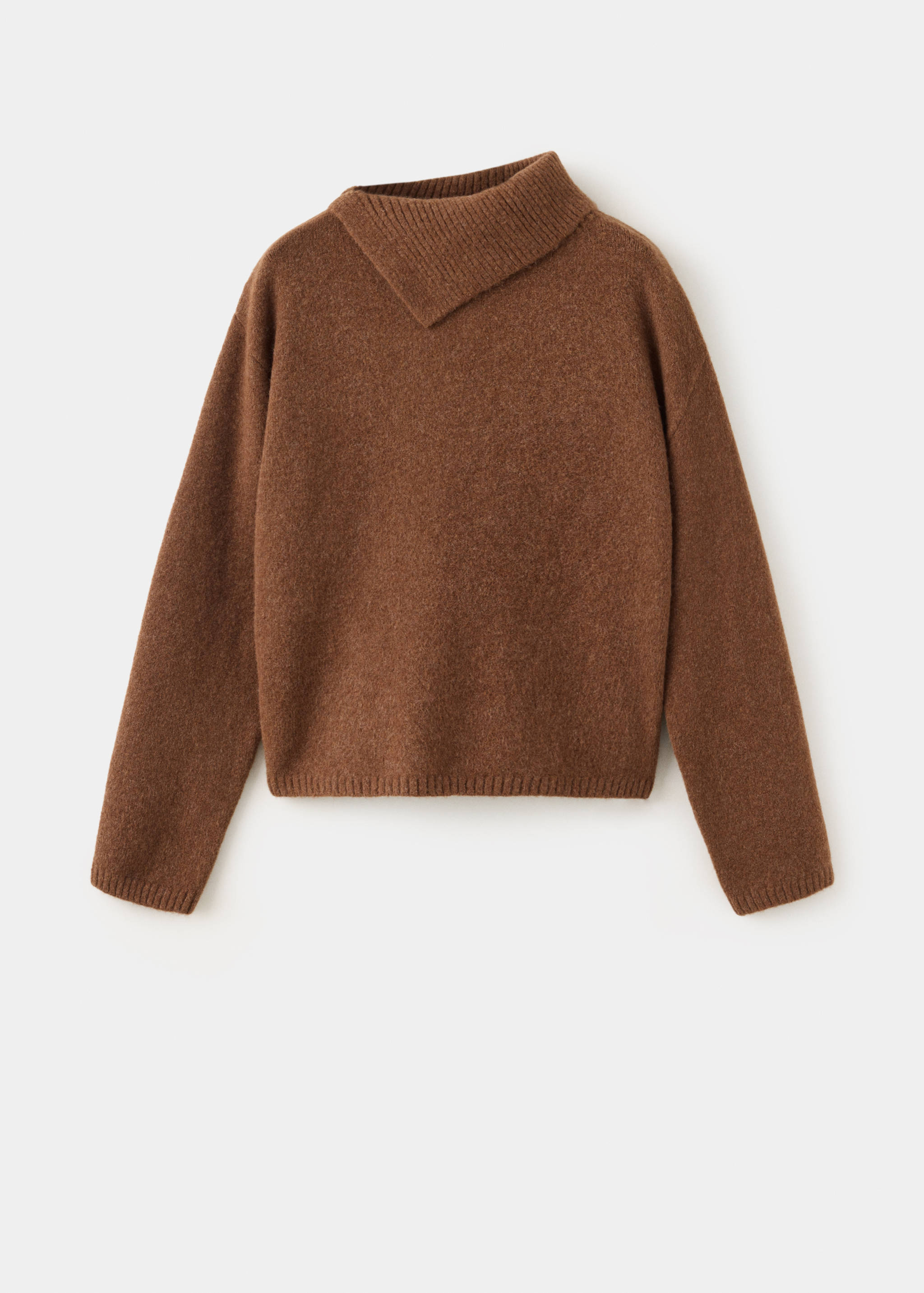 Brown knit jersey with an asymmetric folded mock turtleneck.
