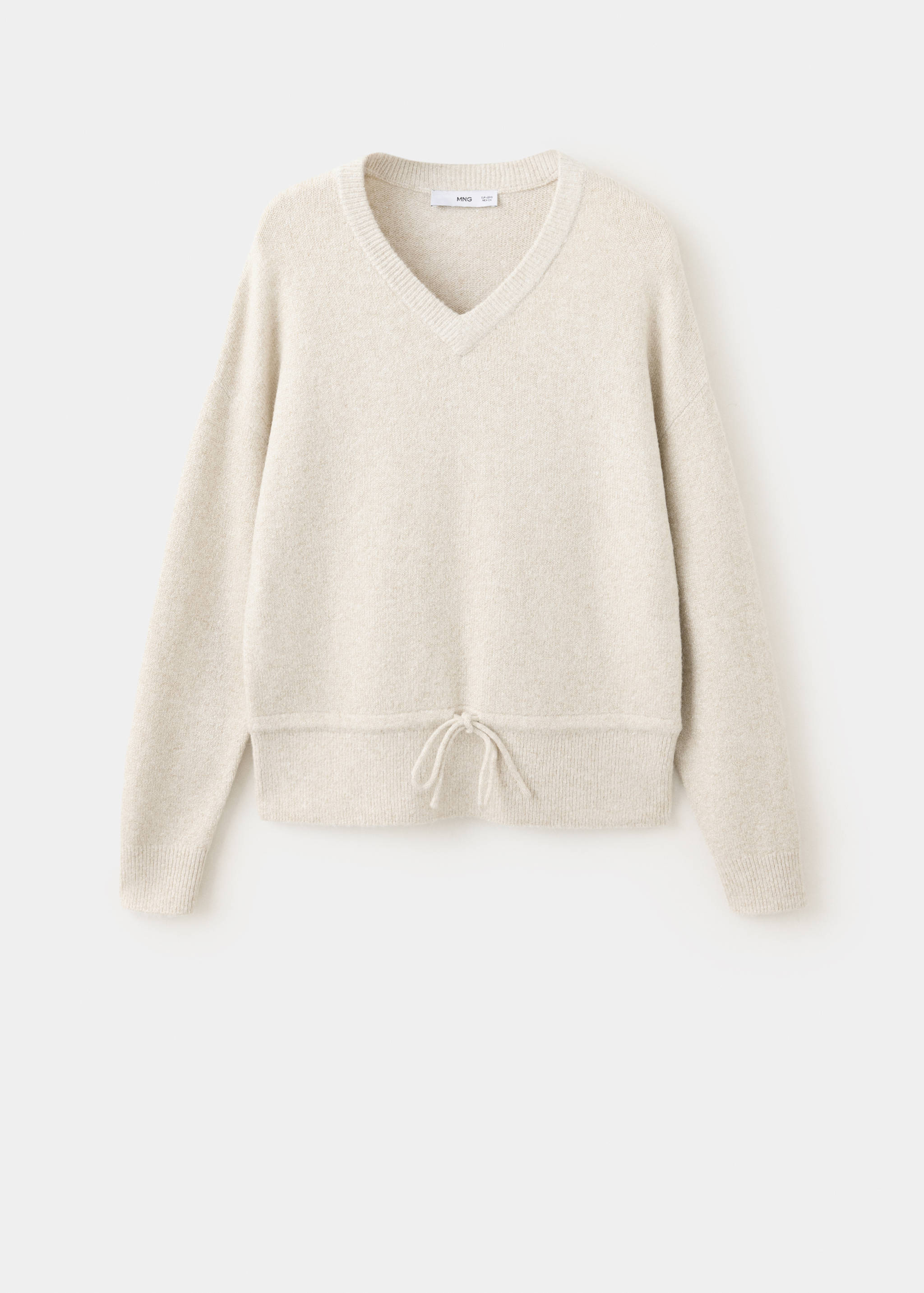 Cream V-neck knit jersey sweater with a drawstring hem.