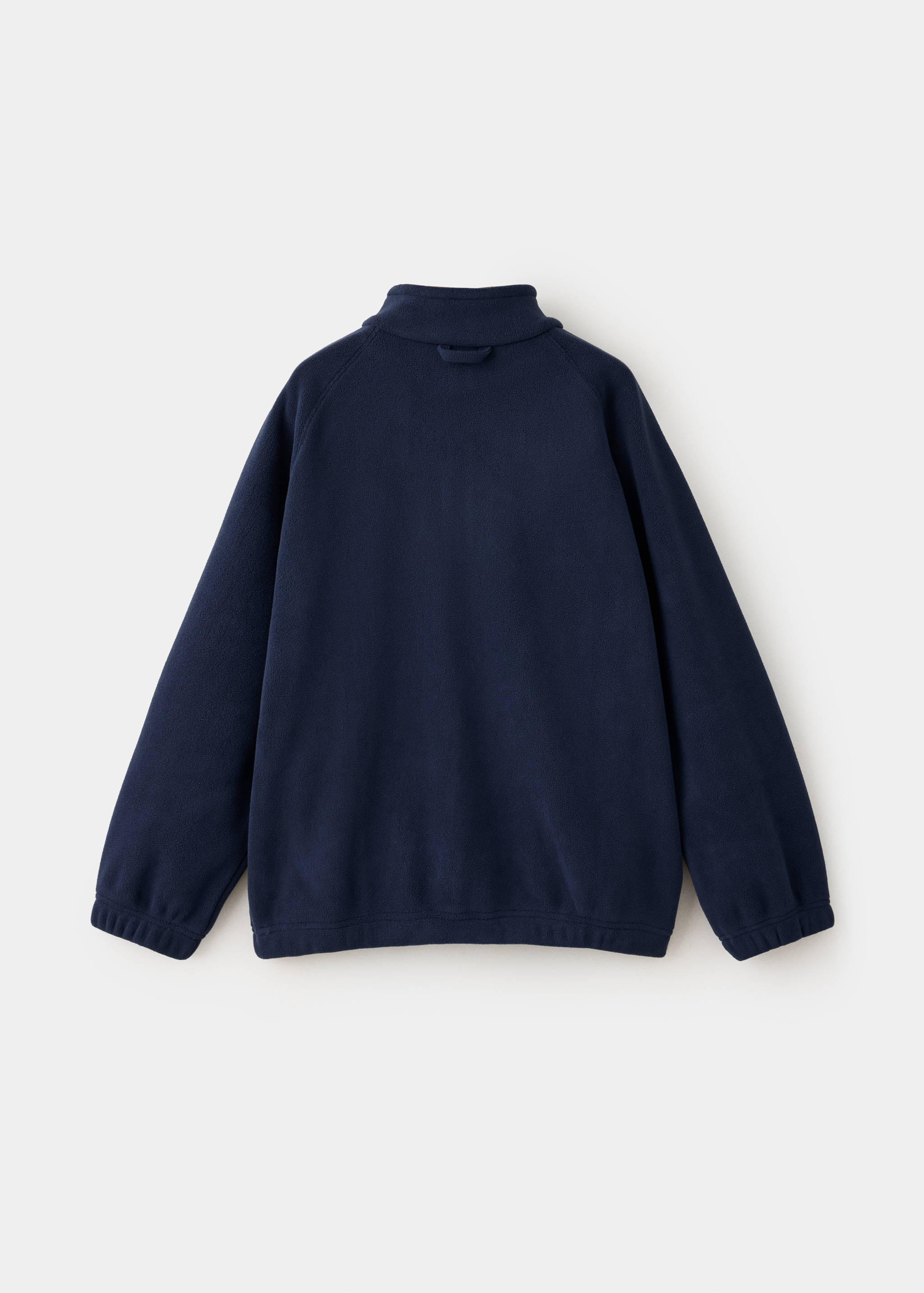 Navy blue fleece sweatshirt, back view.
