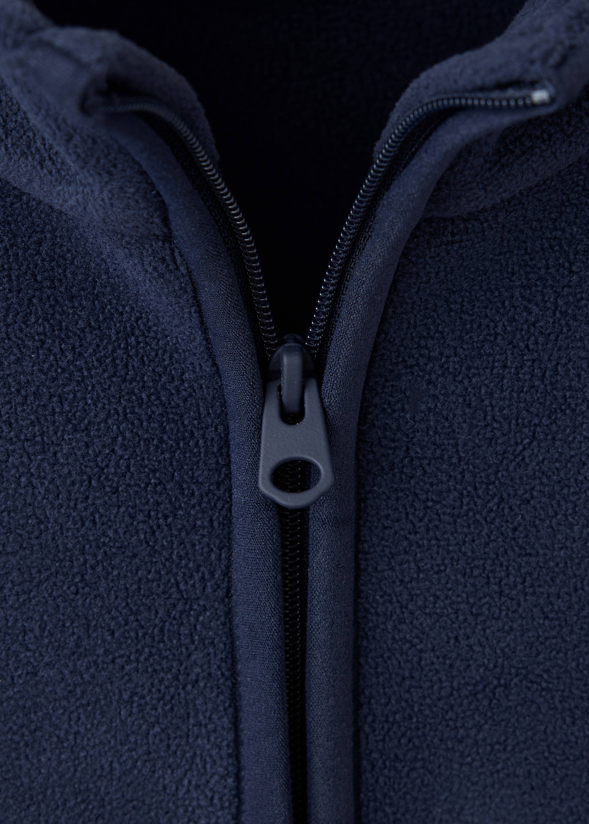 Navy fleece sweatshirt fabric and zip detail.