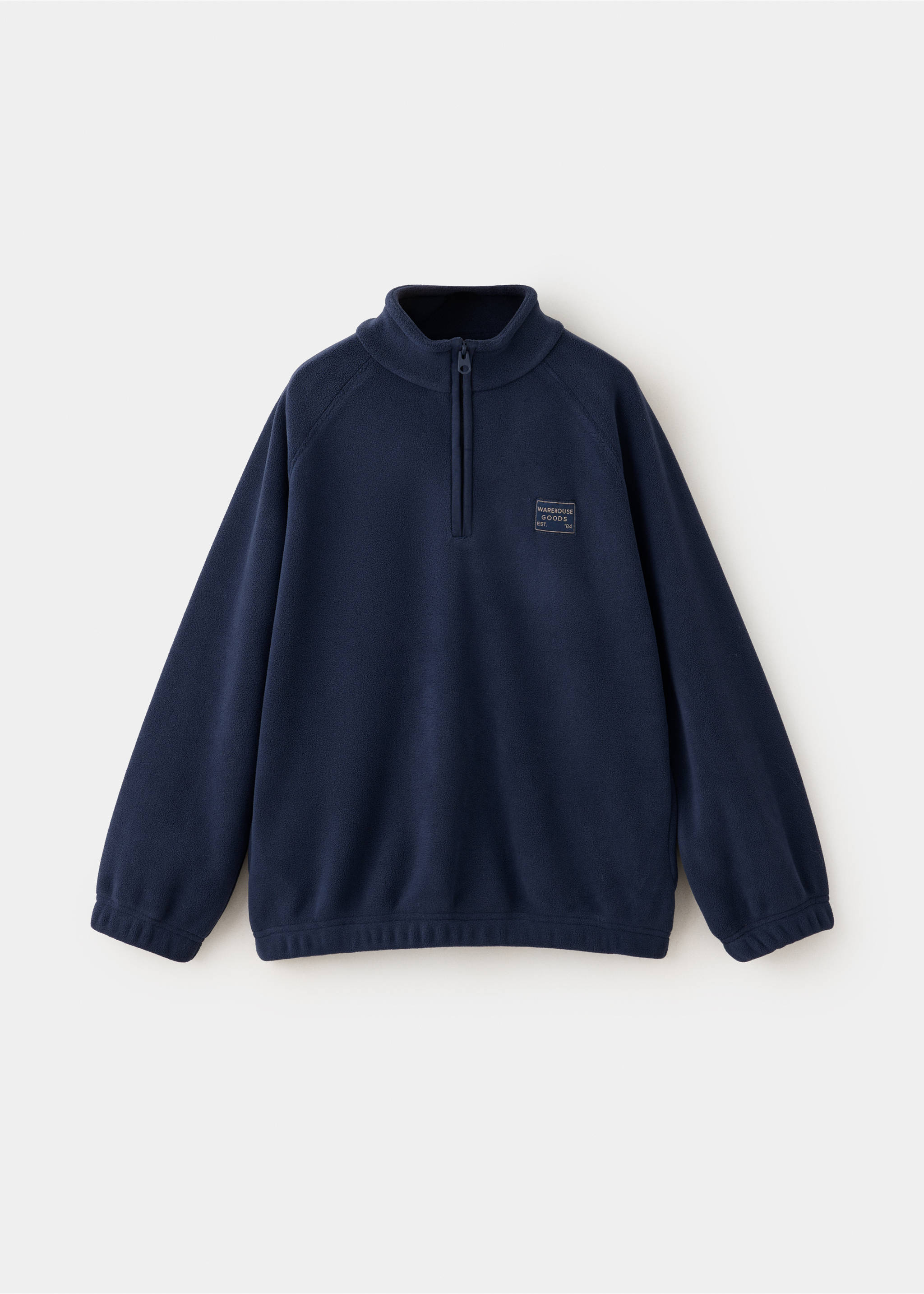 Navy blue fleece sweatshirt with a high funnel neck, half-zip fastening, and long raglan sleeves., Navy. Ref: 37008636-00.
