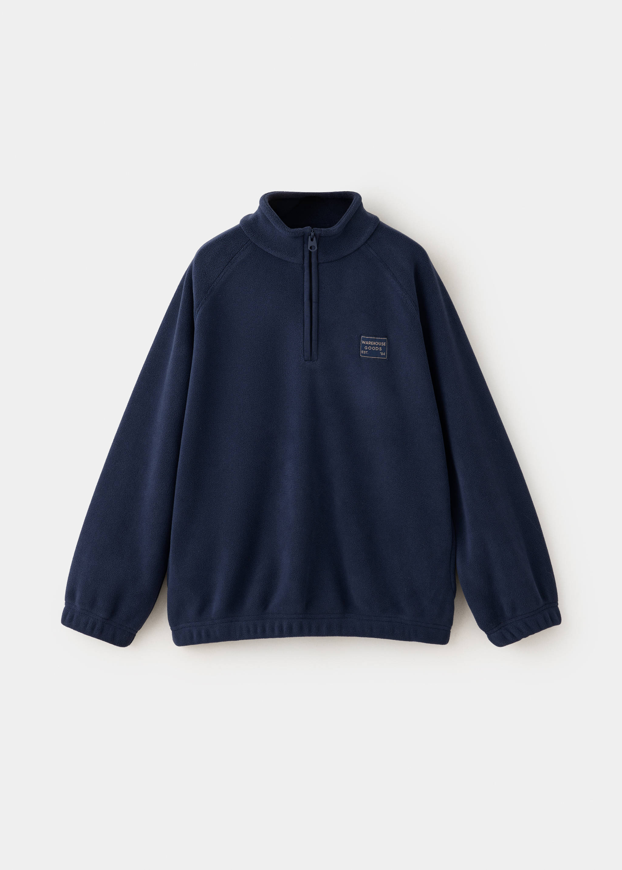 Navy blue fleece sweatshirt with a high funnel neck, half-zip fastening, and long raglan sleeves.