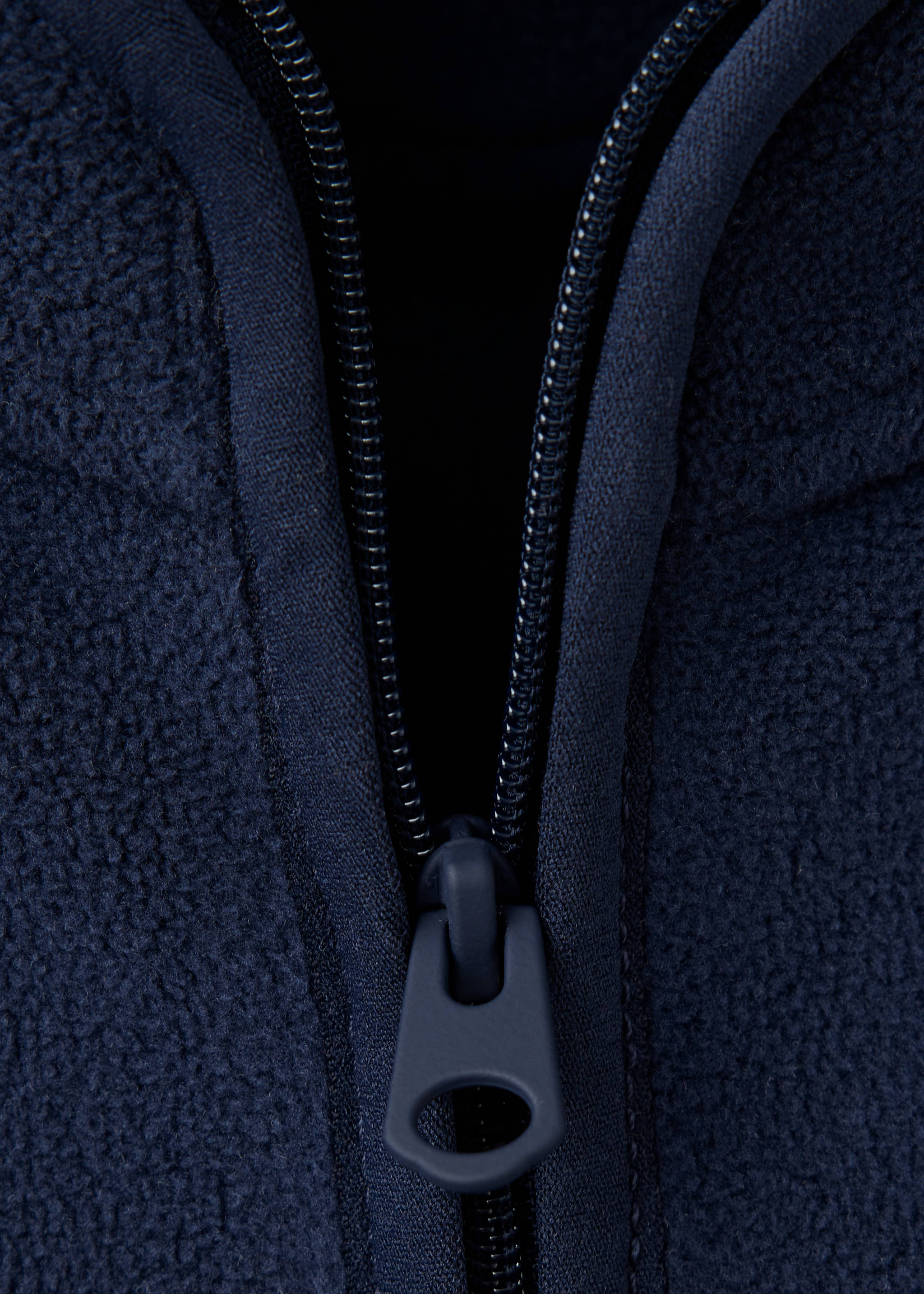 Close-up of a dark navy blue fleece sweatshirt zipper detail.